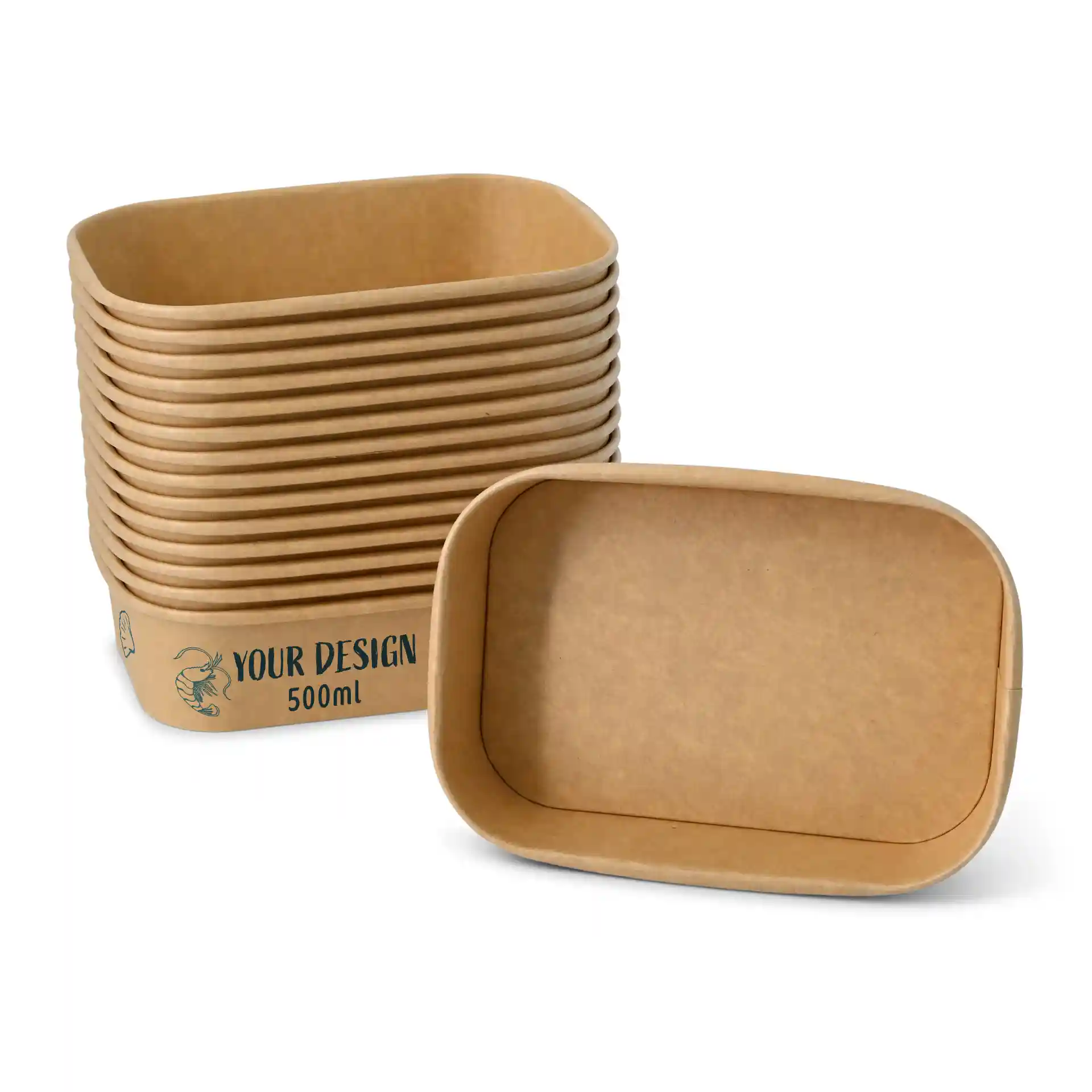 Rectangular brown salad bowls stacked, with one bowl in front showing a PE-coated interior, 500 ml capacity.
