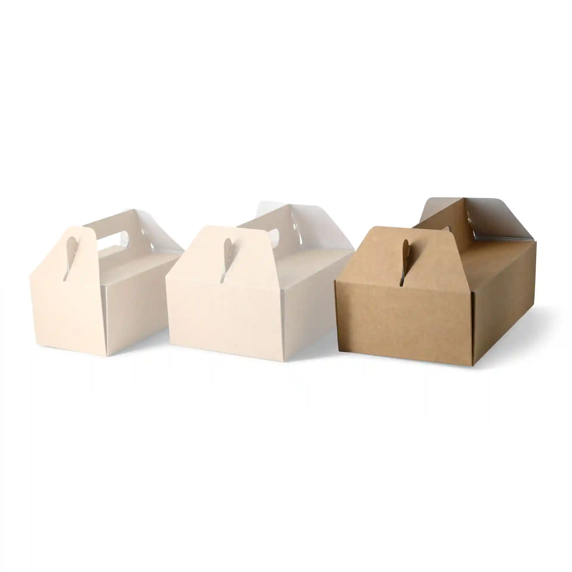 Three foldable cardboard pastry boxes with handles in white and brown, measuring 26 x 17 x 9 cm.