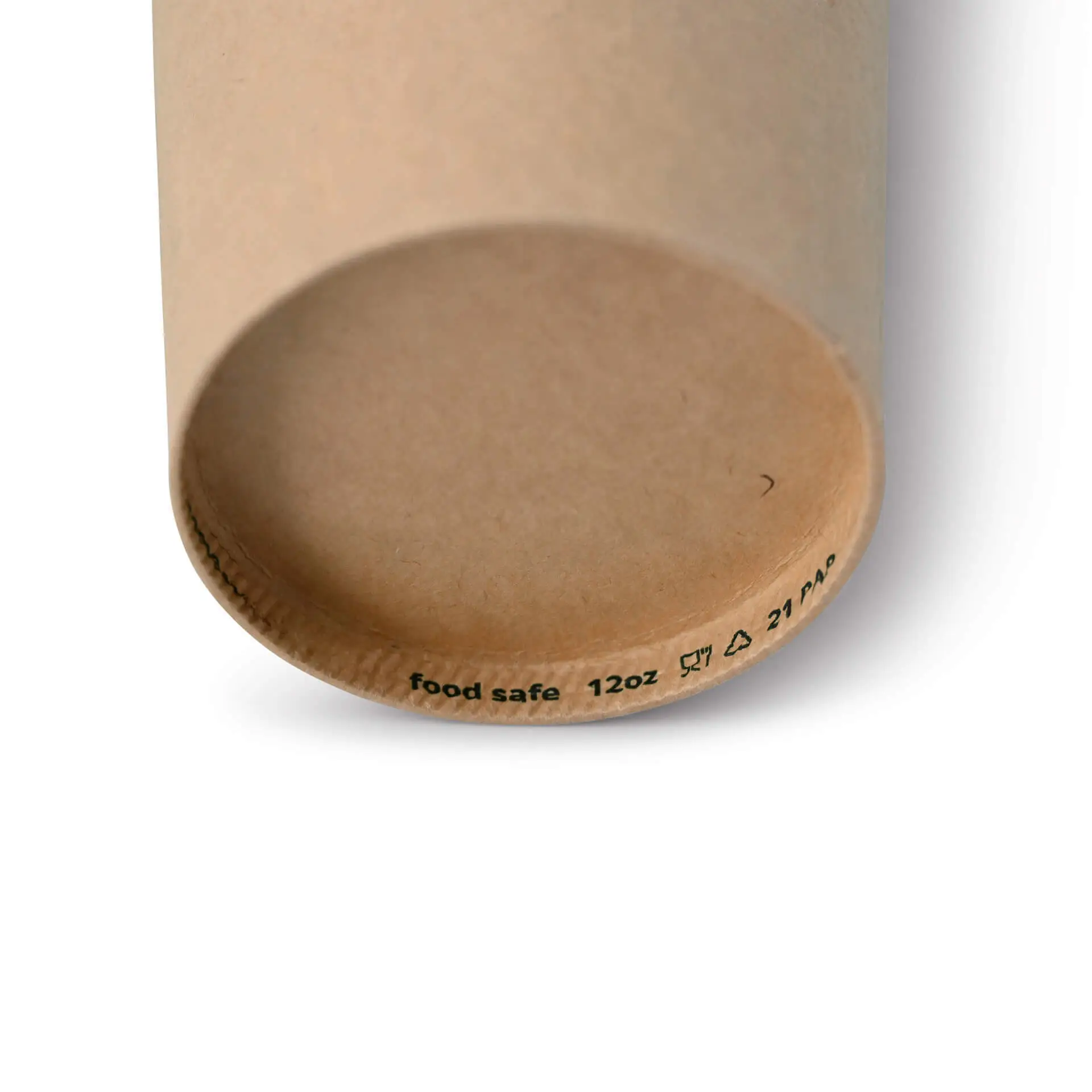 Brown paper cup with a round base, showing the interior and markings indicating capacity and food safety.