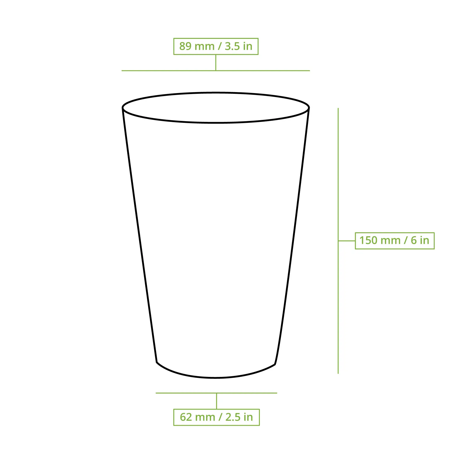 White single-wall paper cup with PLA coating, ideal for hot and cold drinks, dimensions marked in millimeters.
