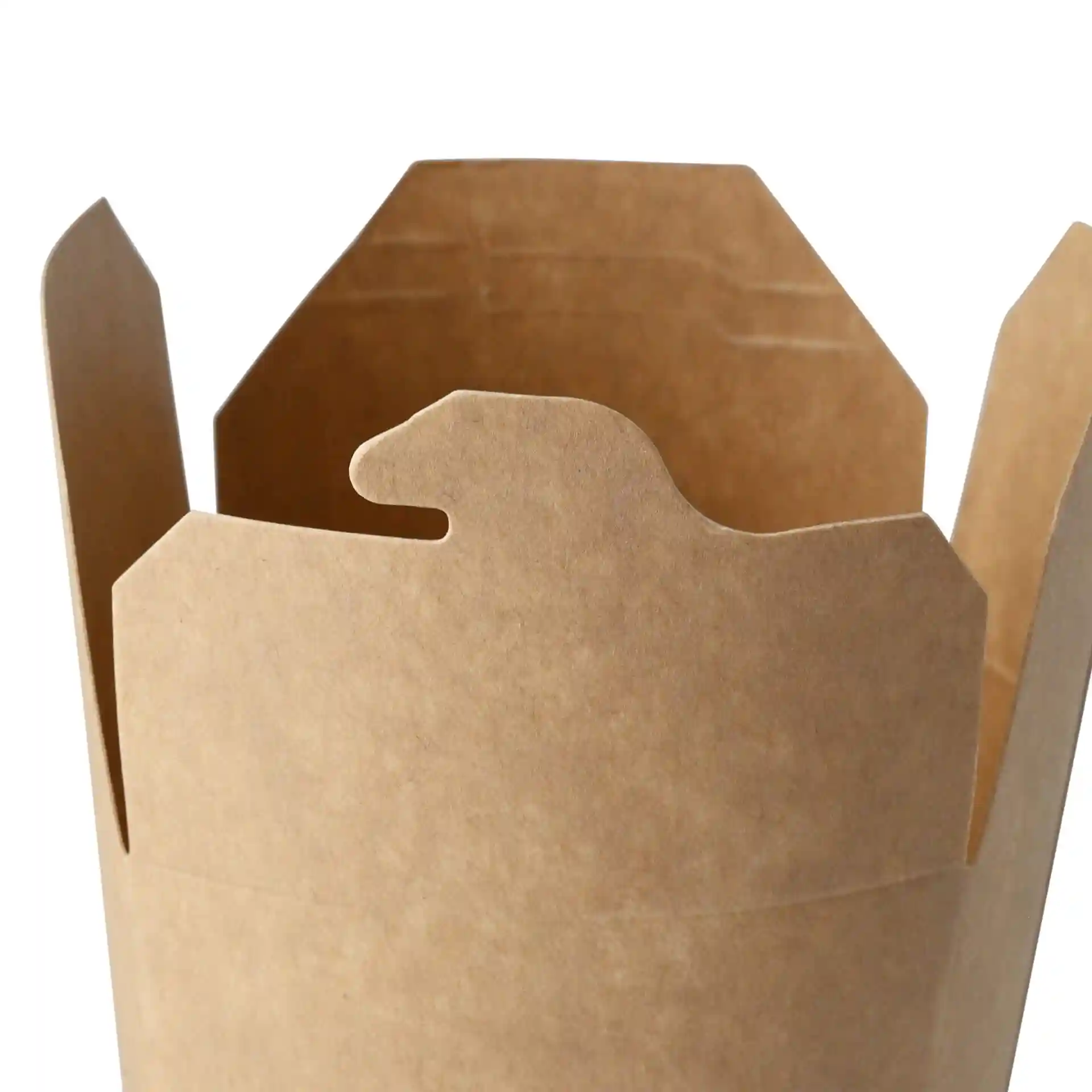 Brown cardboard noodle box with a round shape and a flap closure, showing the interior and top edge details.