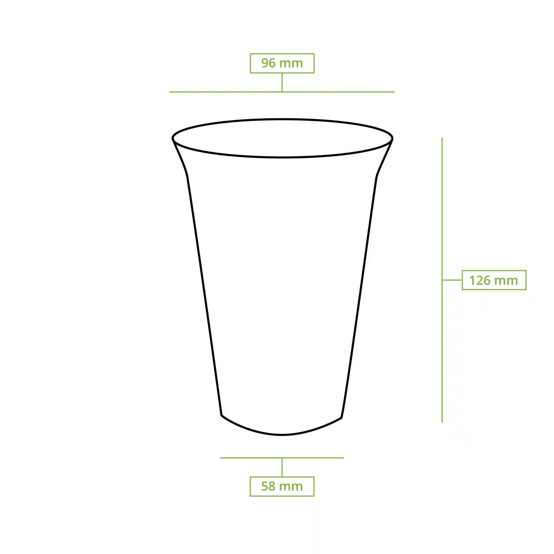 Schematic drawing of a 16 oz PLA smoothie cup with dimensions: height 126 mm, top diameter 96 mm, bottom diameter 58 mm.