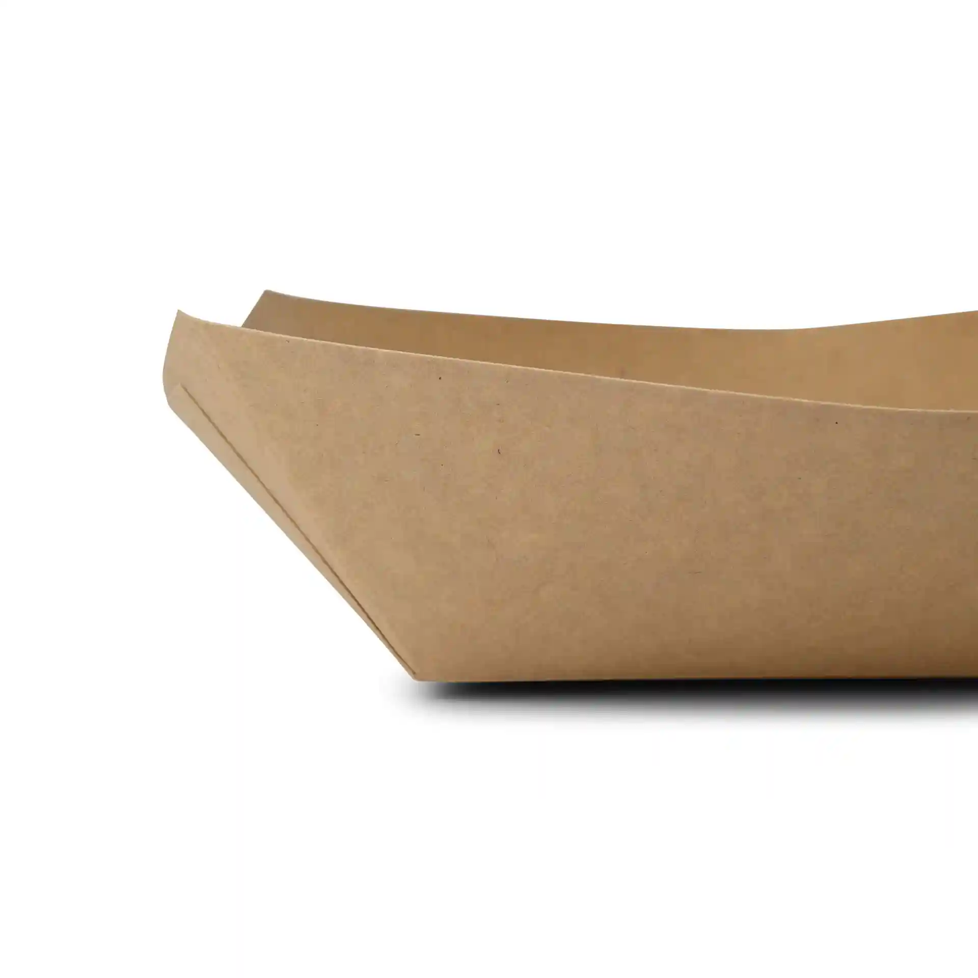 Brown cardboard snack tray with a height of 55 mm, length of 215 mm, and width of 160 mm.