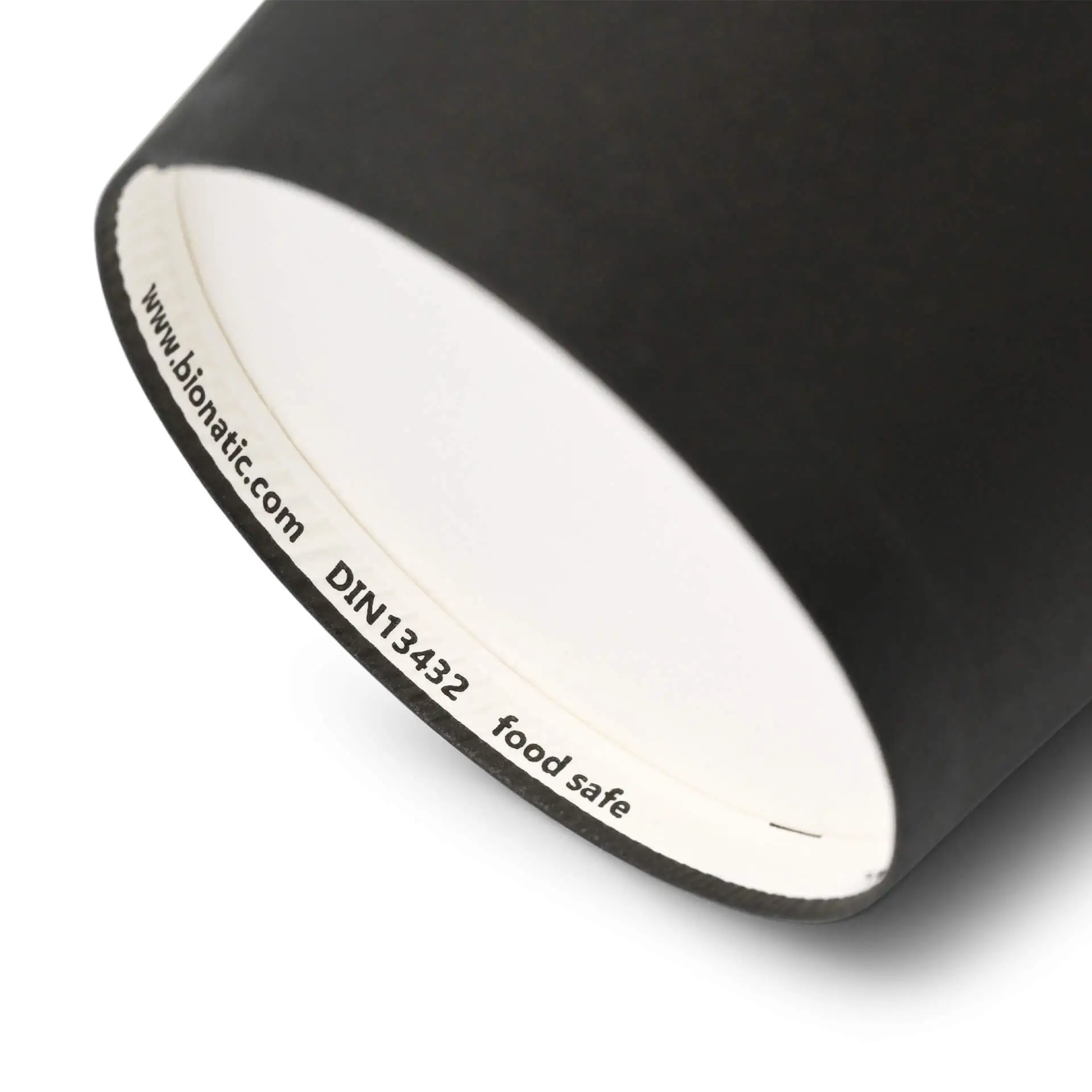 Black 12 oz paper cup with a PE-coated interior; the base shows a food-safe label and the manufacturer's website.
