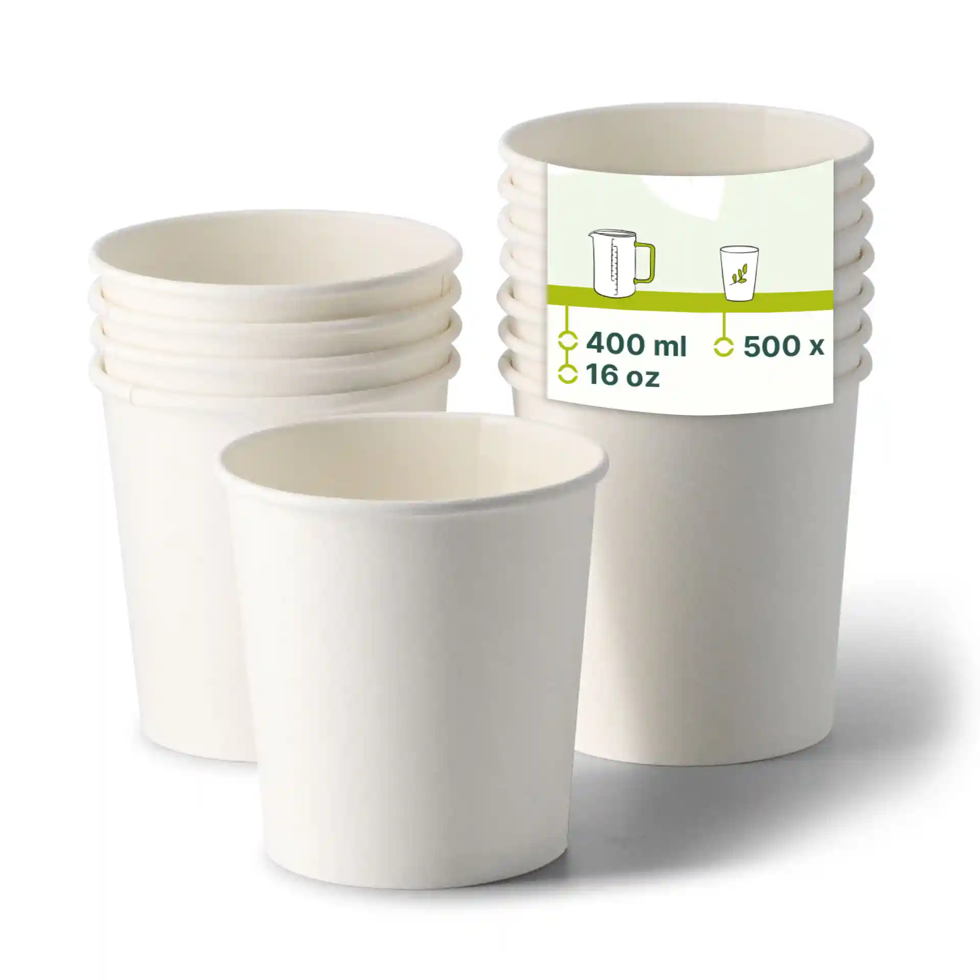 White paperboard takeaway soup containers stacked, with one container in front showing a label with volume and quantity details.