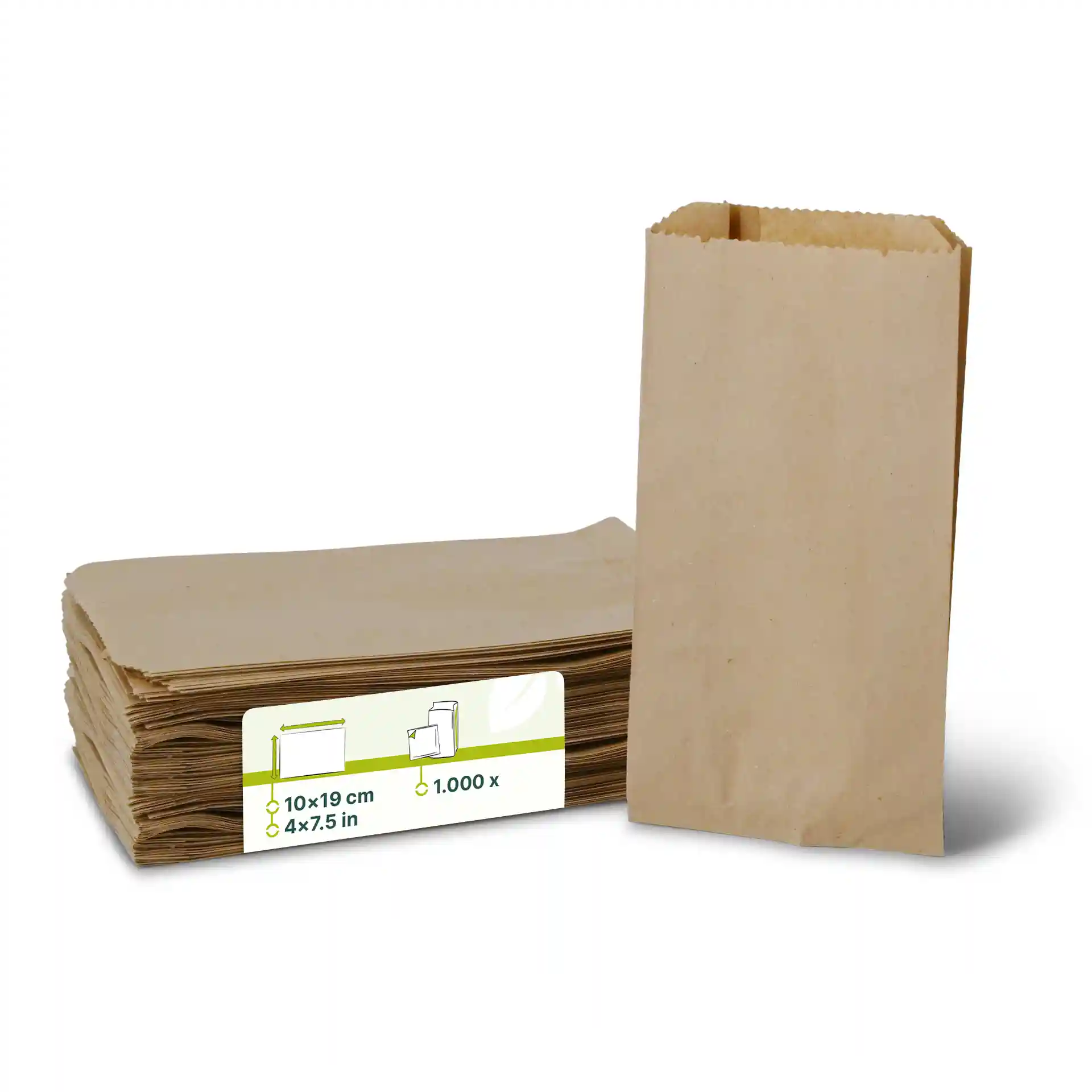 Stack of brown flat paper bags with one bag upright, dimensions 10 x 19 cm.