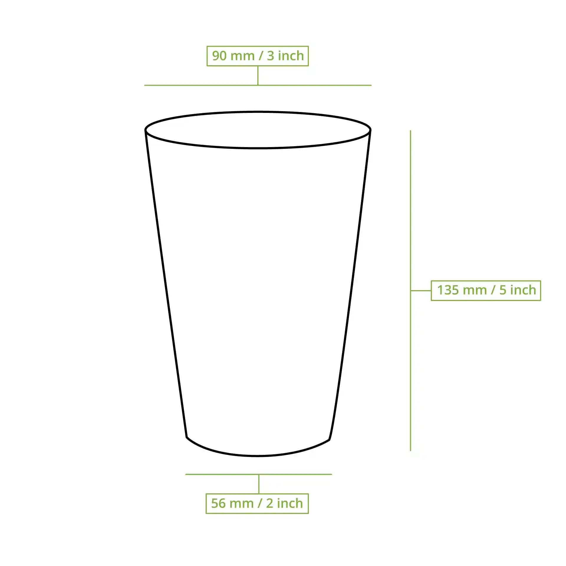 Schematic drawing of a paper cup with dimension lines indicating height of 135 mm, top diameter of 90 mm, and base diameter of 56 mm.