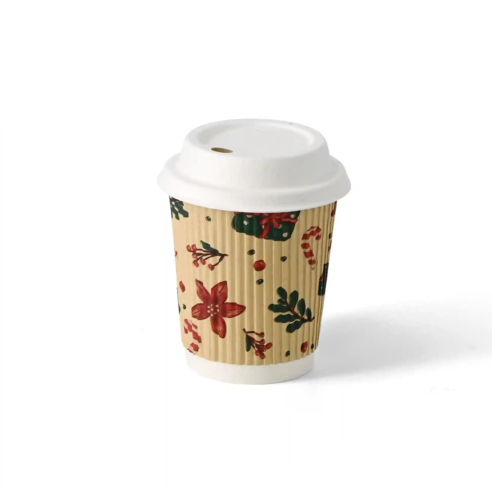 Brauner Wellbecher mit Winterdesign, 200 ml Fassungsvermögen, 90 mm Höhe und 80 mm Durchmesser.