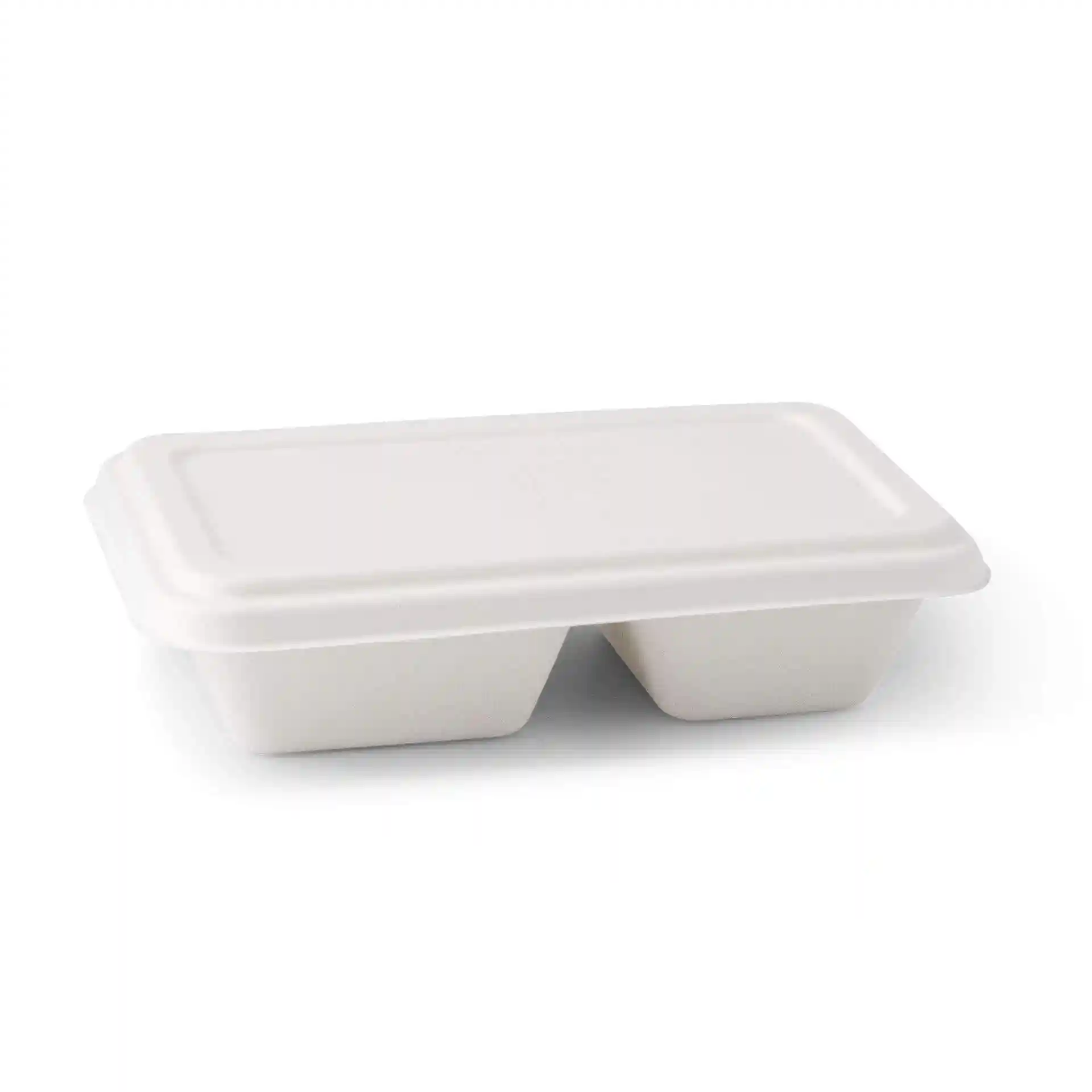 Rectangular white sugarcane container with a flat lid, designed for menu trays, measuring 23 x 14.5 cm.