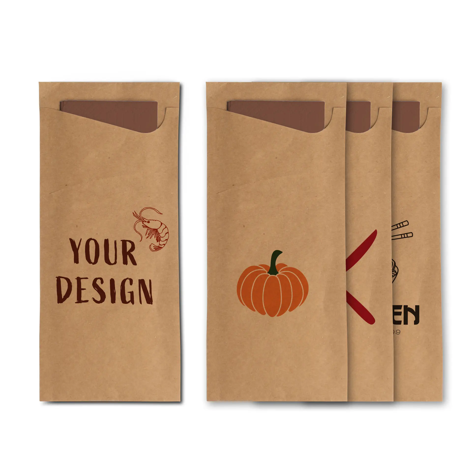 Brown kraft paper cutlery sleeve featuring a printed toucan logo, designed for restaurants and events.