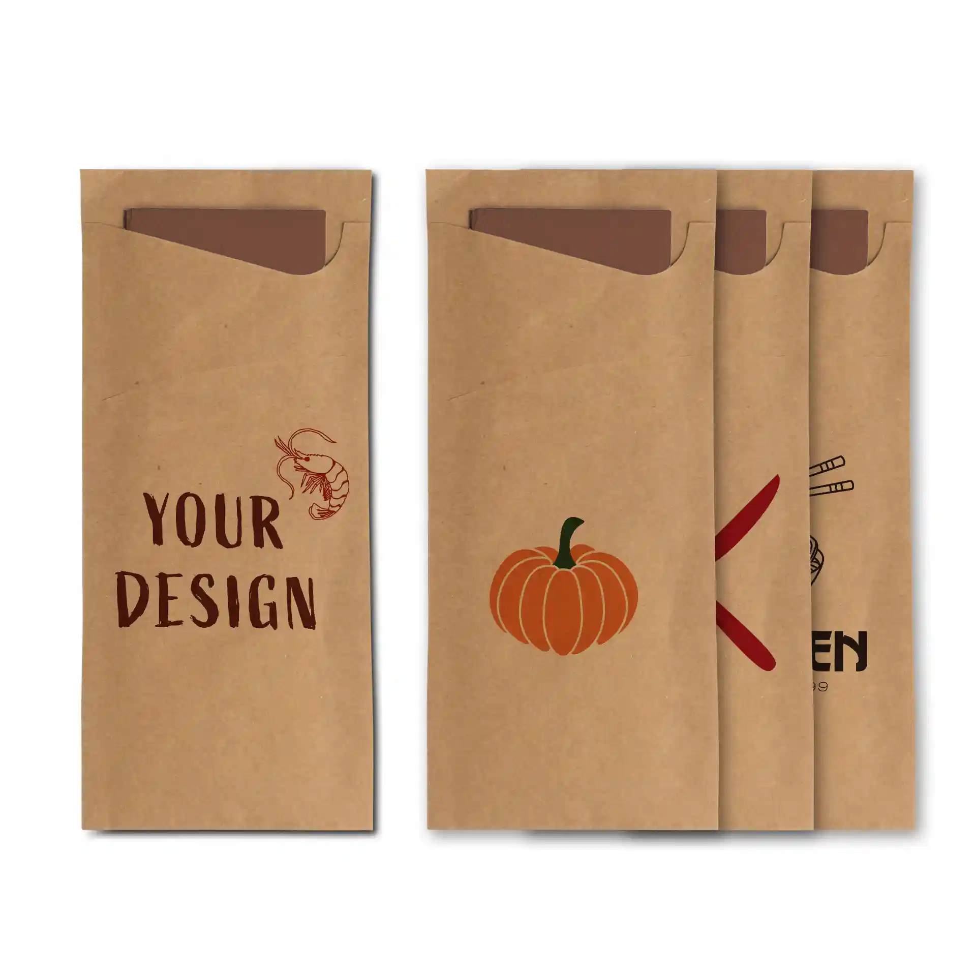 Brown printed cutlery pouches with various designs, including a shrimp, pumpkin, and chopsticks, displayed together.