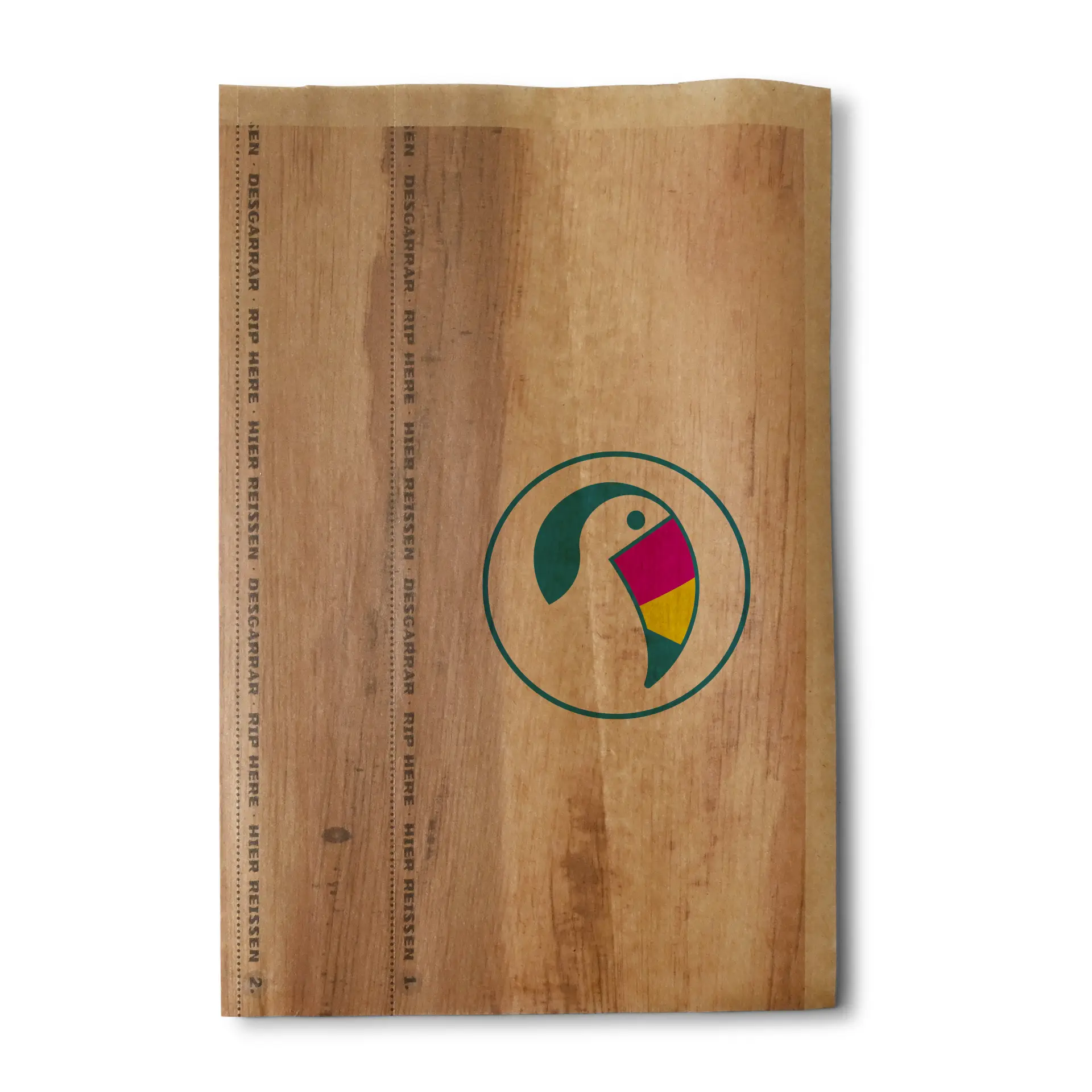 Printed wrap bags, 19.5 x 30 cm, brown, adhesive closure