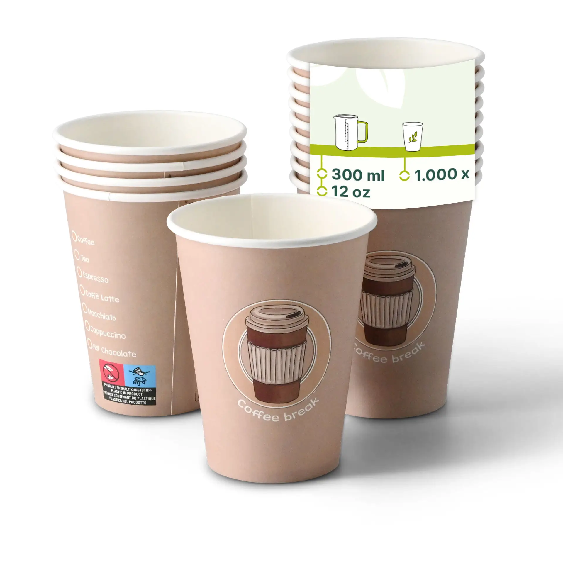 Ein bedruckter Pappbecher mit 12 oz, Design "Coffeebreak", umgeben von mehreren ähnlichen Bechern mit reduzierter Opazität.