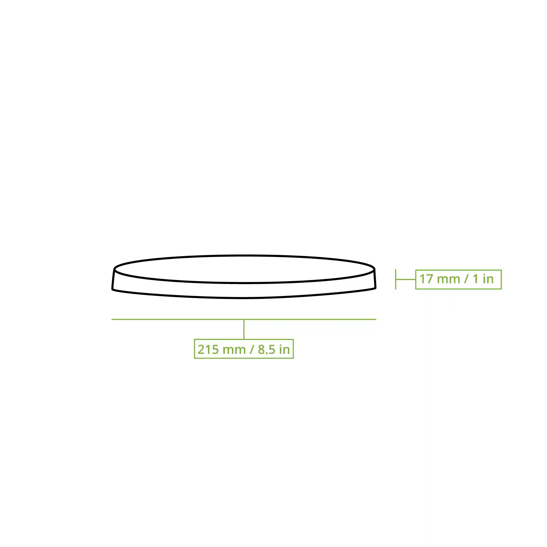 Schematische Zeichnung eines runden, transparenten, wiederverwendbaren Deckels mit 215 mm Durchmesser und 17 mm Höhe.