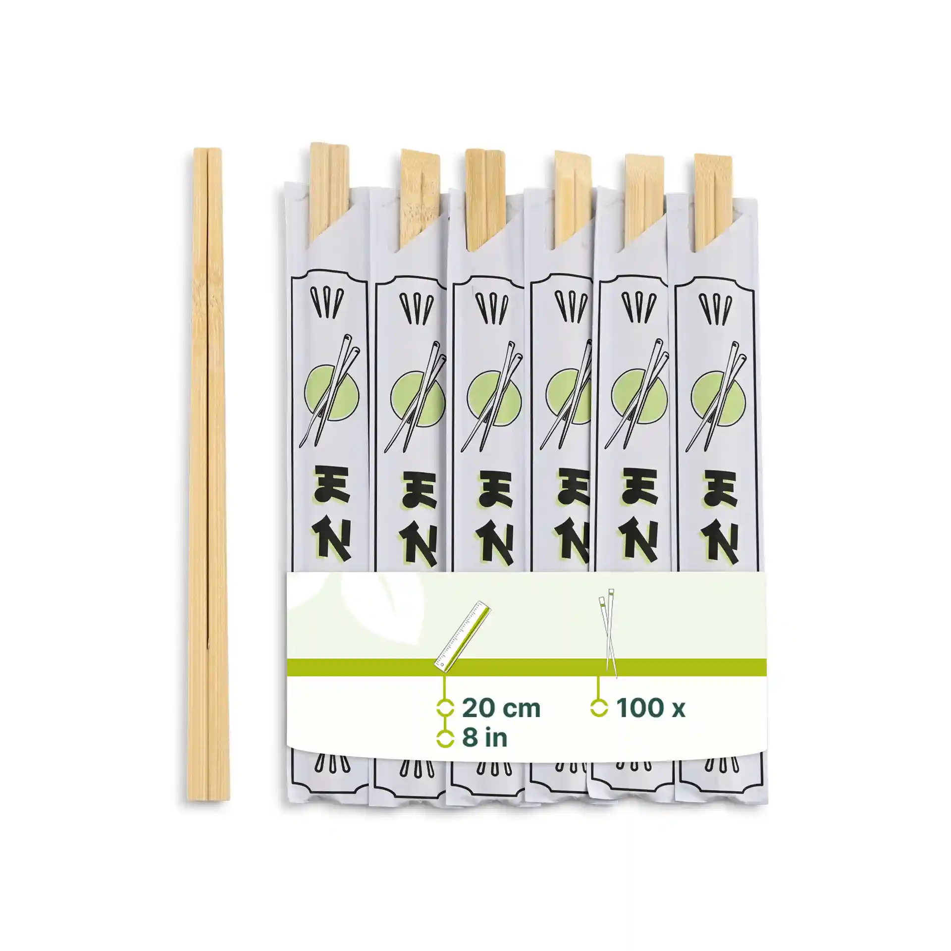 Bamboo chopsticks in paper cases, 20 cm long, with multiple individually packed items shown in the image.