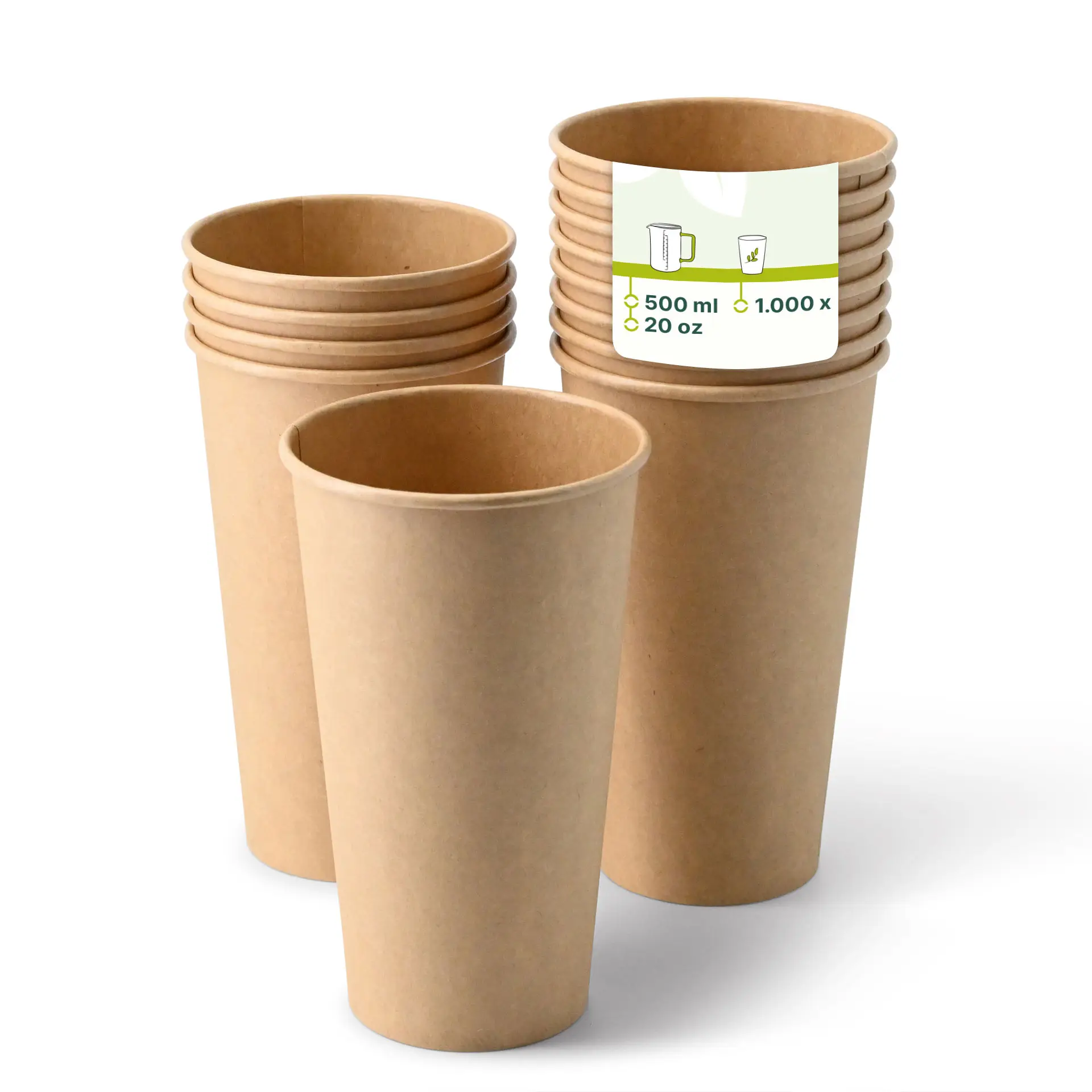 One brown paper cup (20 oz) with a PE coating in the foreground; several similar cups with reduced opacity behind it.