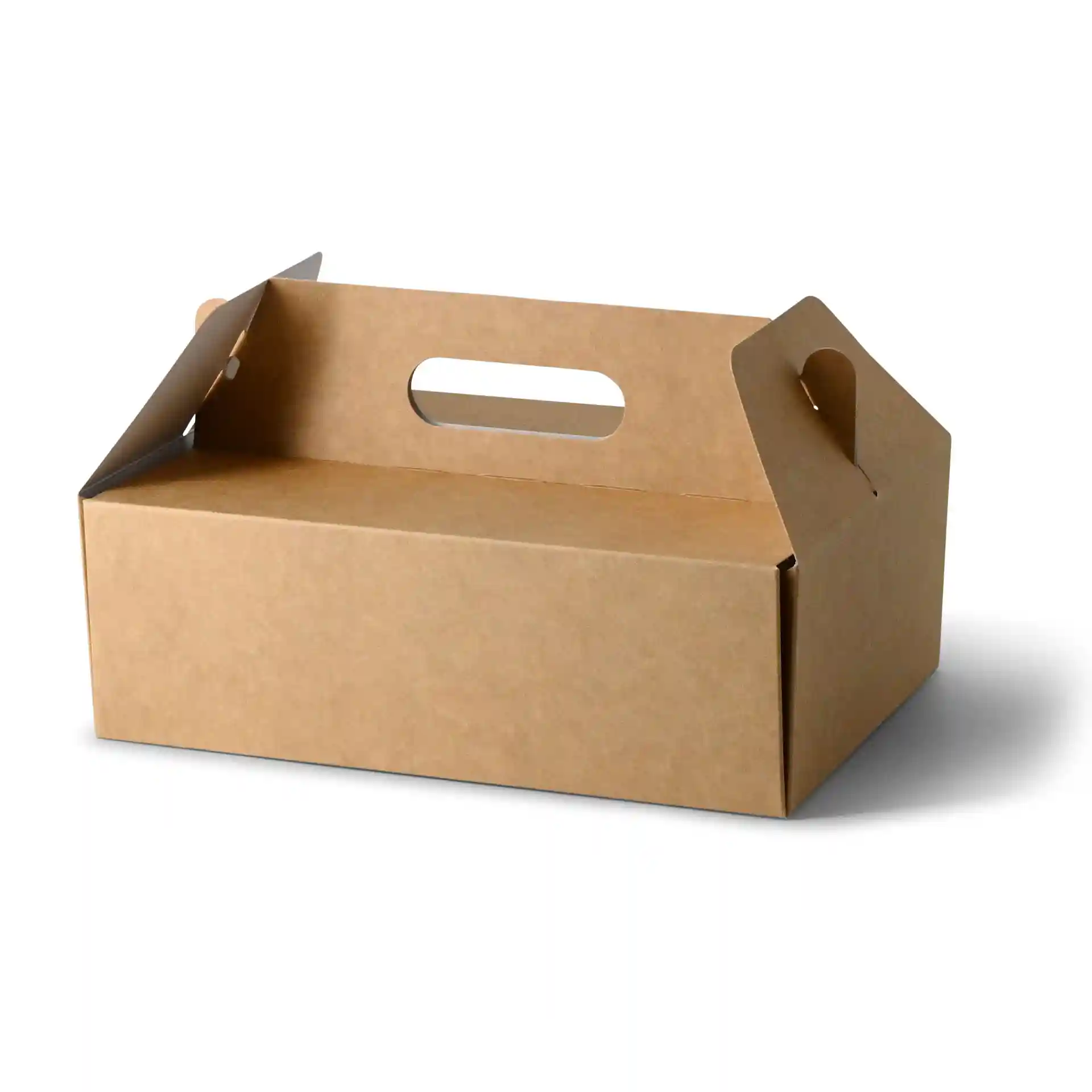Brown cardboard pastry box with a handle, measuring 26 x 17 x 9 cm, in a foldable design.