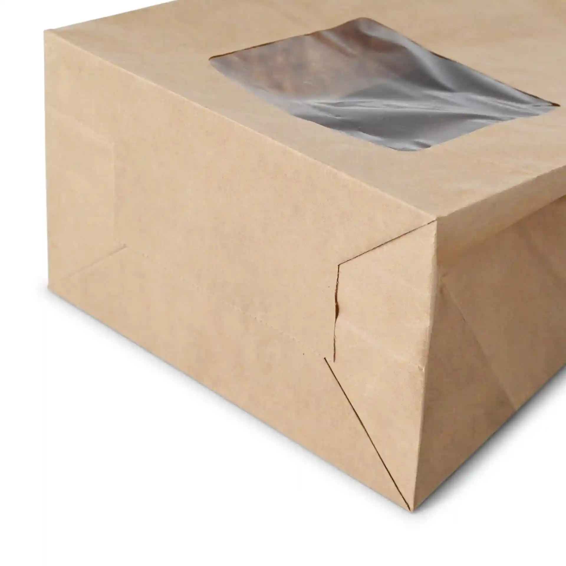 Brown kraft paper bag with a transparent PLA window, featuring a block bottom design.
