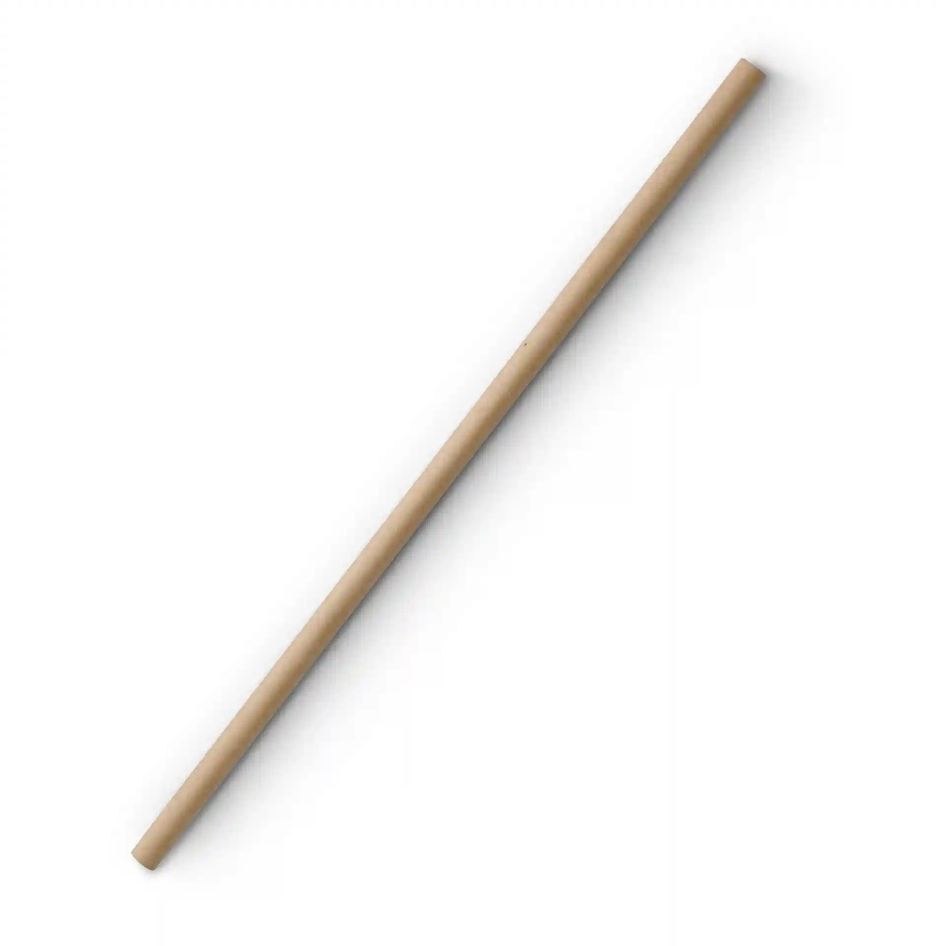 Brown paper drinking straw, 20 cm long and 0.6 cm in diameter, shown on a white background.