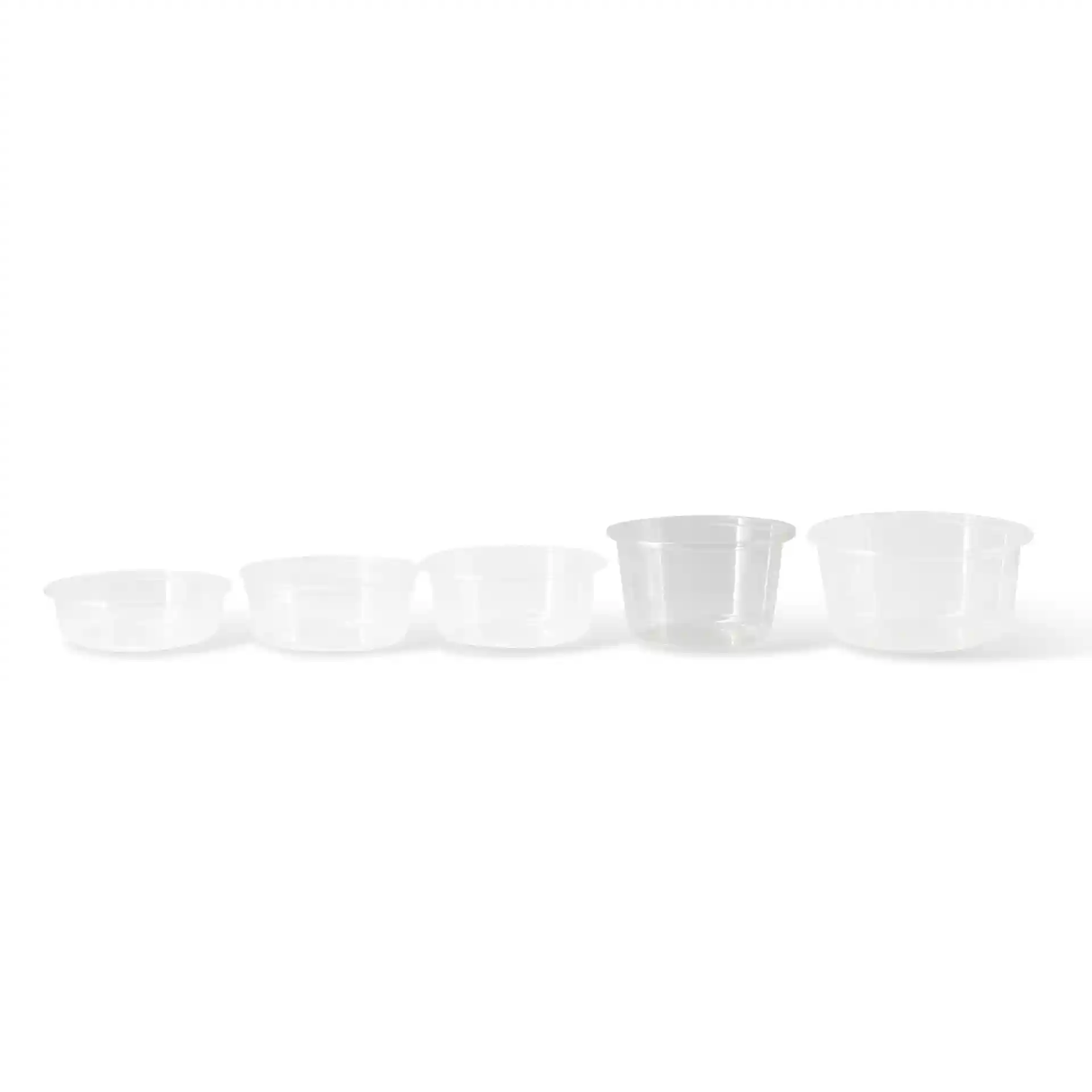 Set aus fünf transparenten runden Deli-Behältern in verschiedenen Größen, der größte hat einen Durchmesser von 121 mm.