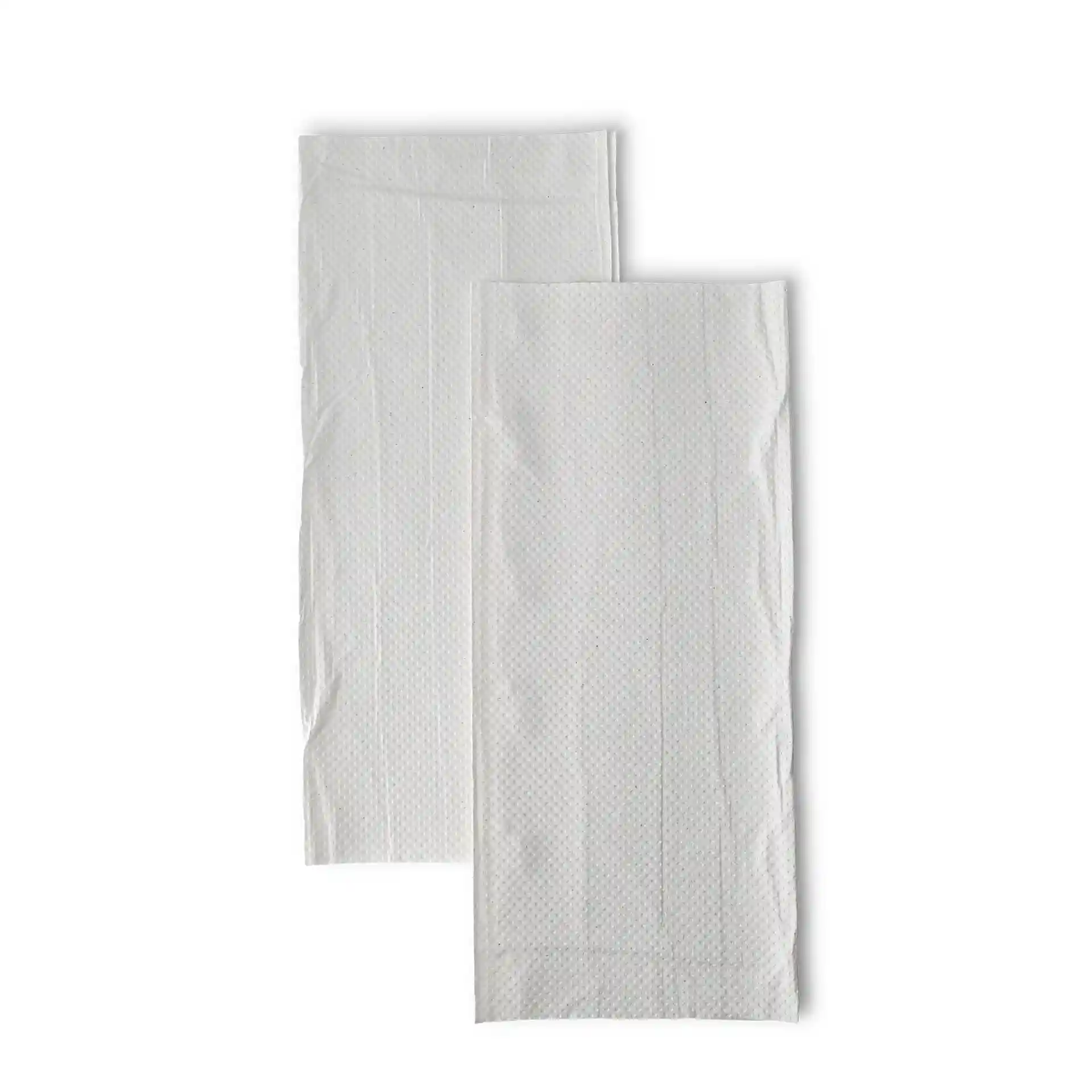Two folded white paper towels, 2-ply, V-fold, with a textured surface.