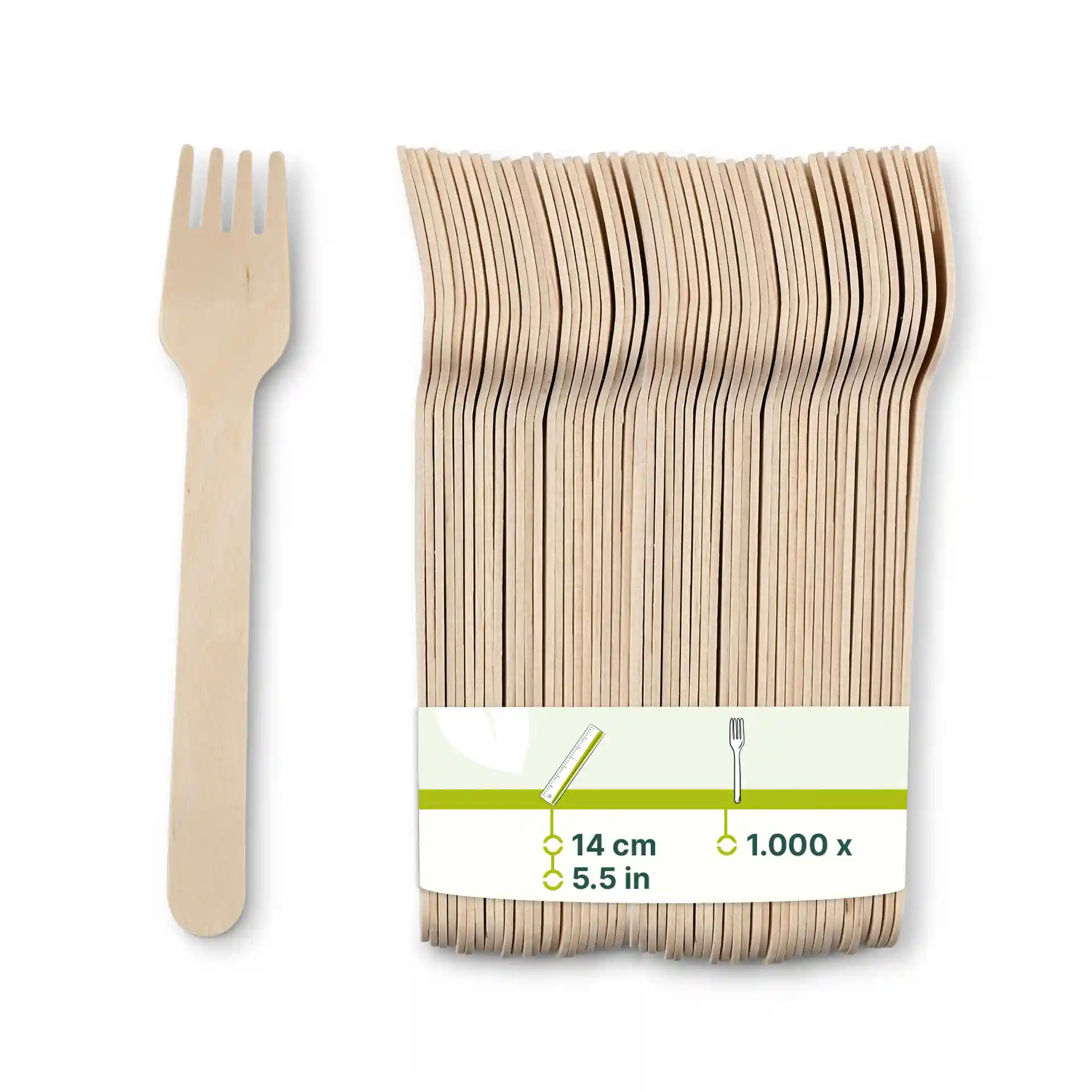 Wooden cake fork, 14 cm long, with a brown color, alongside a pack of multiple similar forks.
