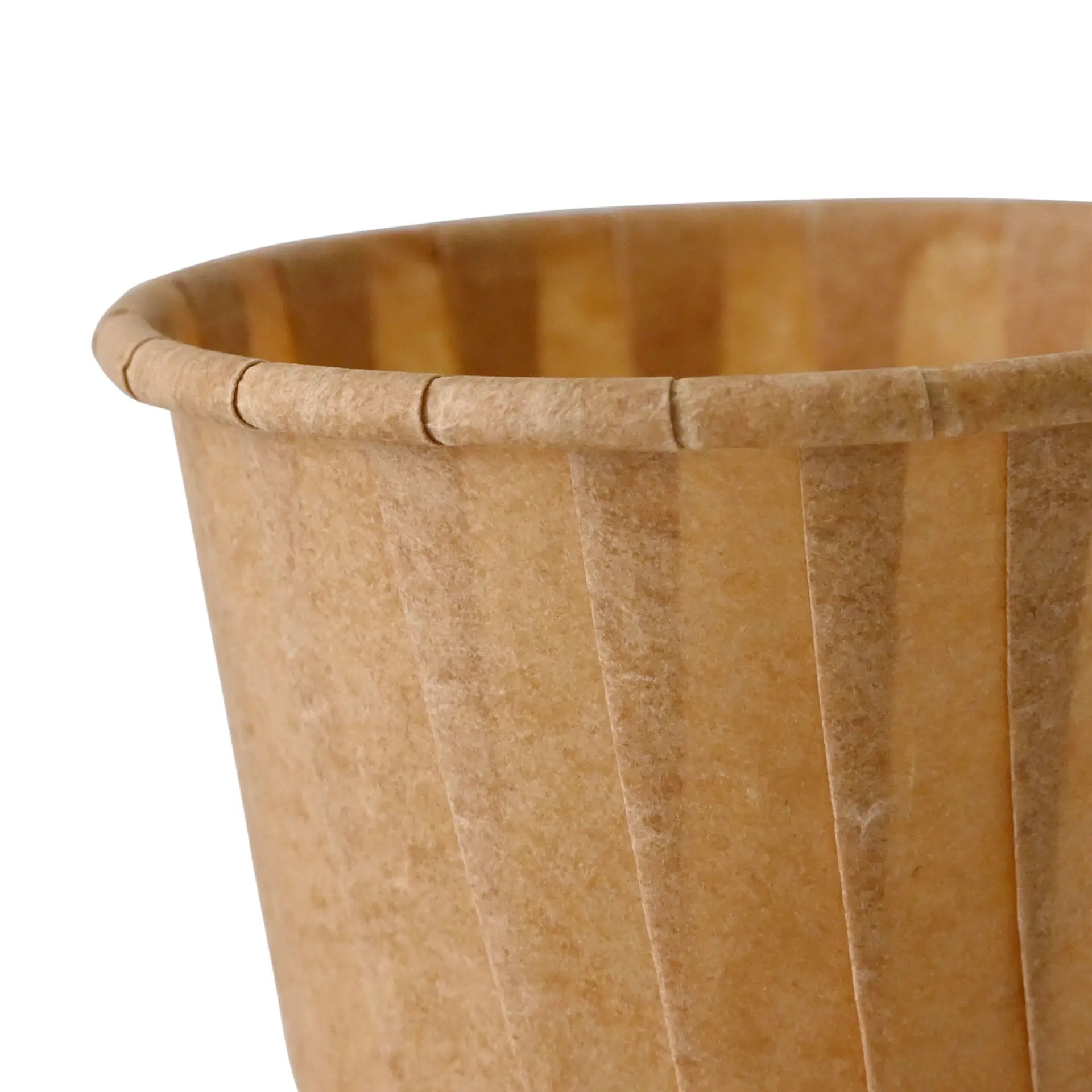Brown paper cup with vertical stripes, made from grease-resistant paper, suitable for small portions and sampling.