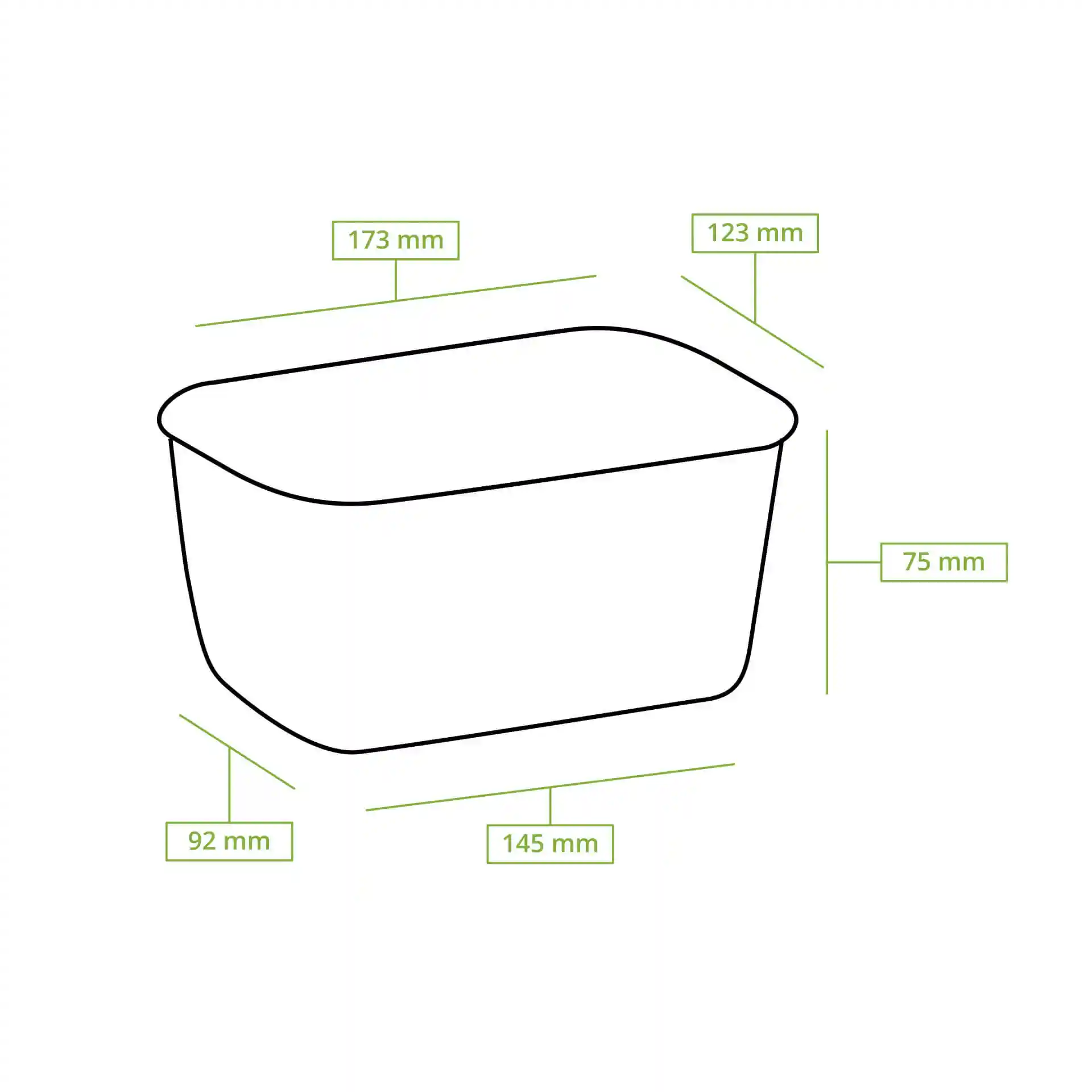 Schematic drawing of a rectangular food container with dimension lines showing 173 mm length, 123 mm width, and 75 mm height.