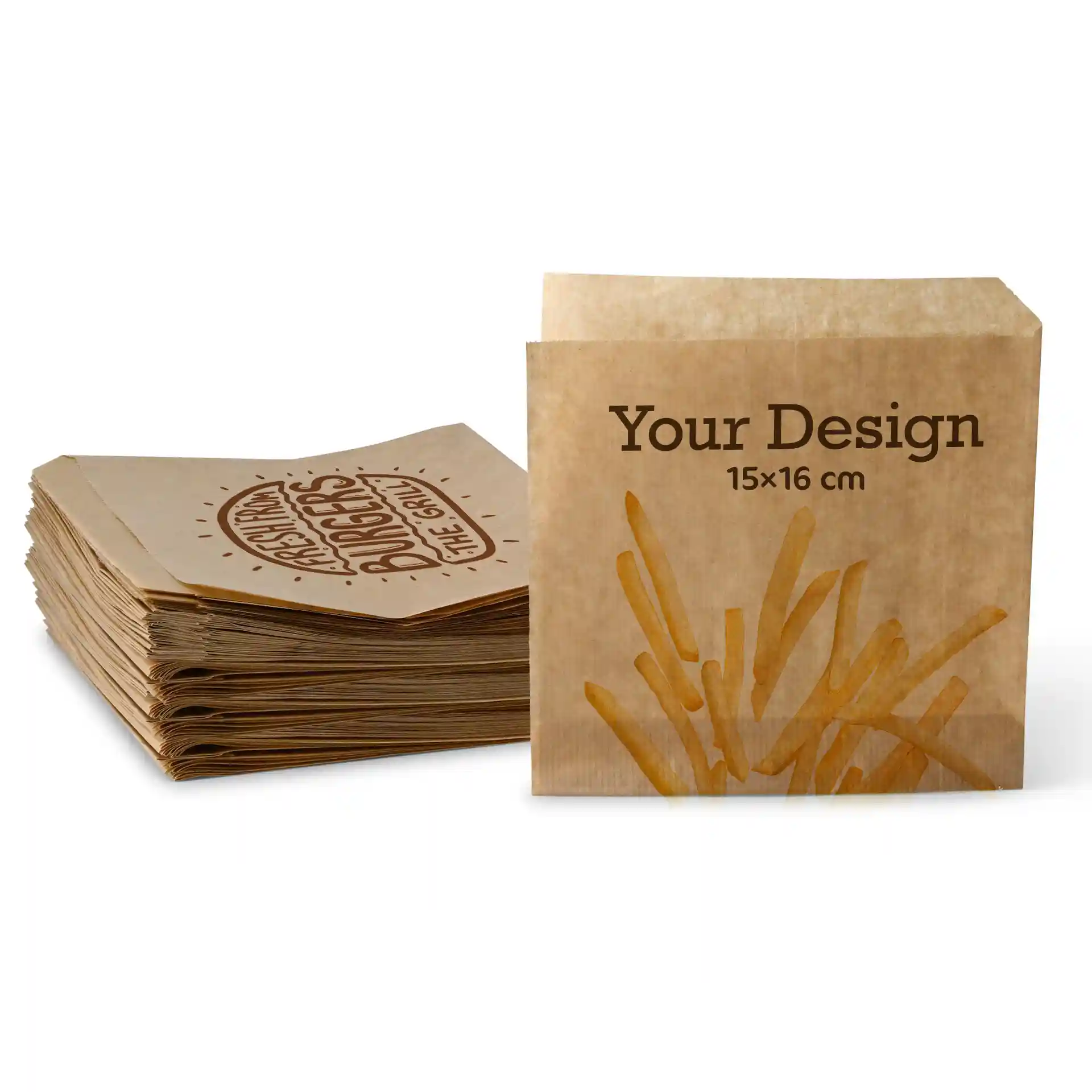 Braune bedruckte Burgerhülsen mit den Maßen 16 x 15 cm, gestapelt mit einem Design, das Pommes frites zeigt.