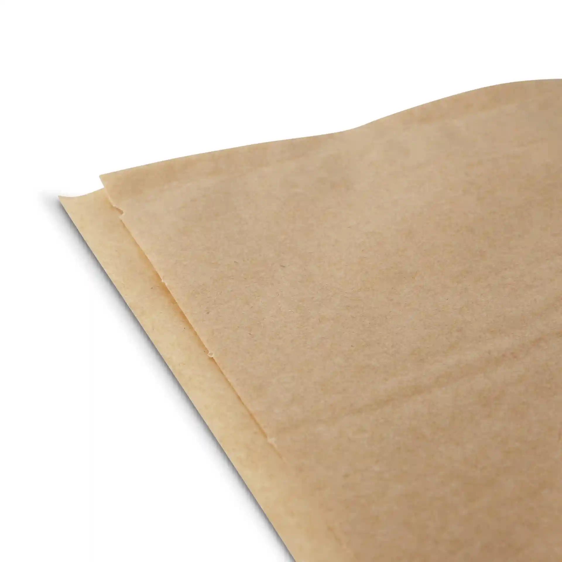 Brown greaseproof paper French fry bag, 19 × 19 cm, showing a folded edge and smooth surface.
