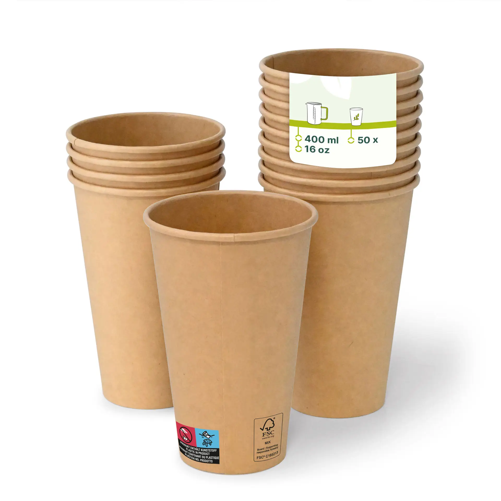 Ein brauner Pappbecher (16 oz) im Fokus, mit anderen dahinter gestapelt; Becher verfügt über eine PE-Beschichtung und klassisches Design.