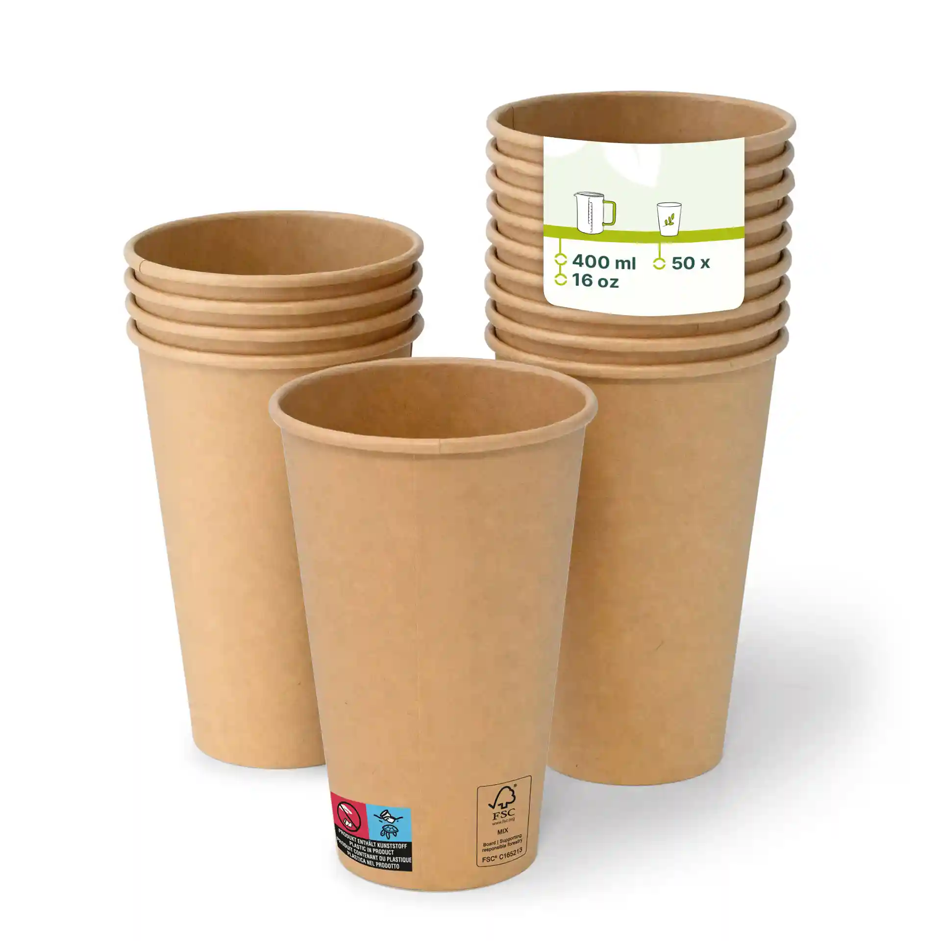 Brown paper cups stacked, with one cup in front showing a label indicating 16 oz capacity and 50 count.