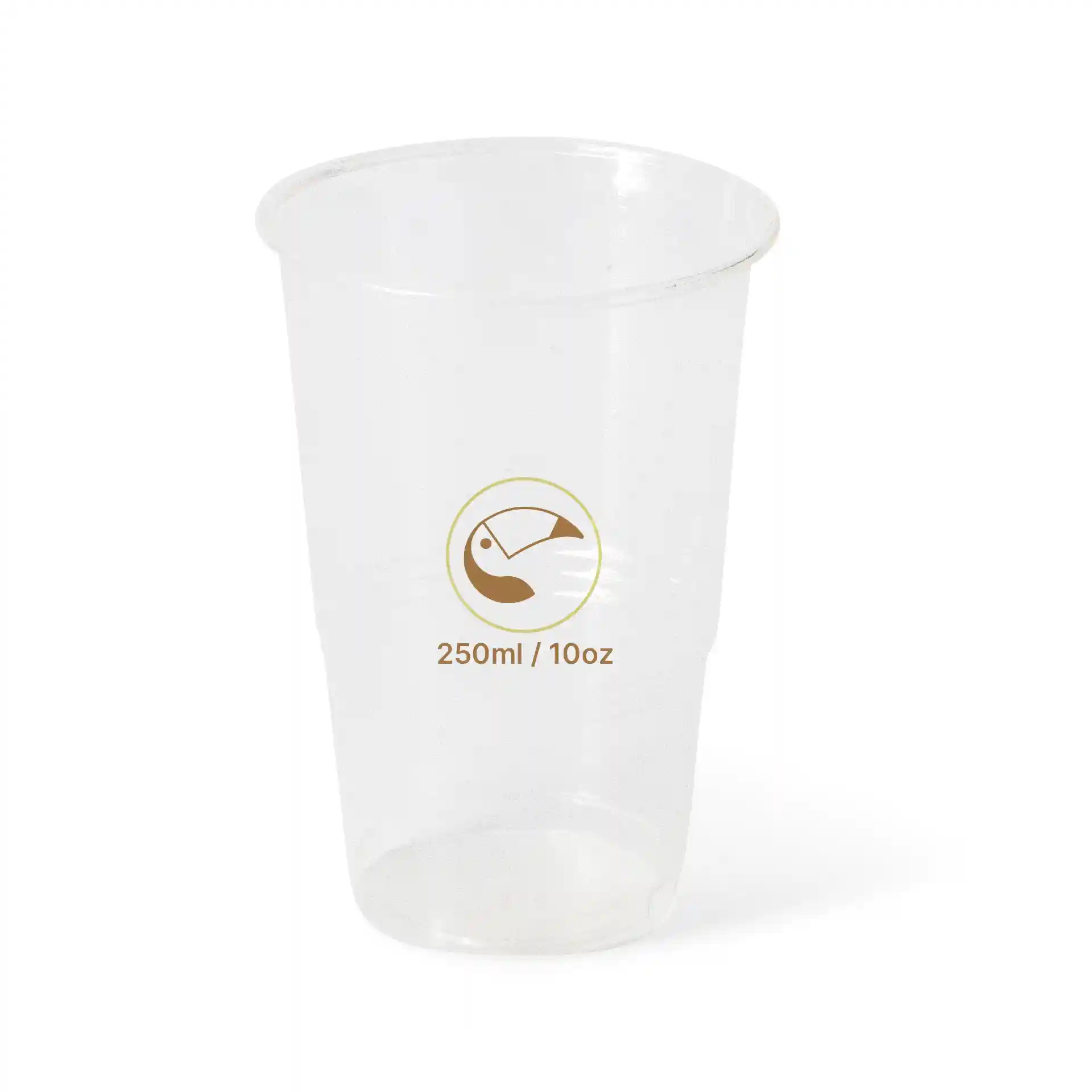Klarer Plastikbecher mit einem Fassungsvermögen von 250 ml und einem gedruckten Messetikett.