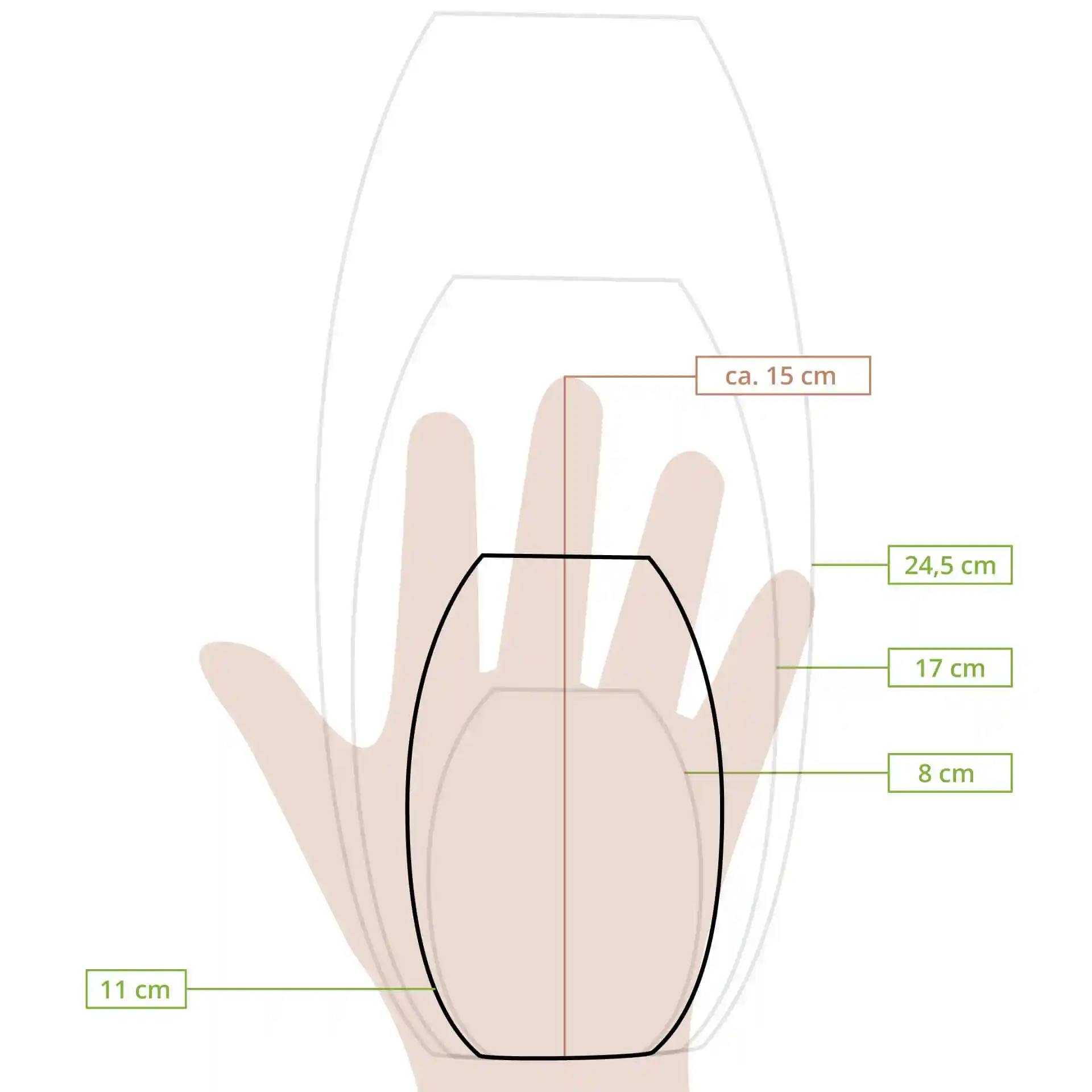 Schematische Zeichnung einer Bootform mit in Zentimetern angegebenen Maßen, über einer Handumriss für Maßstab.