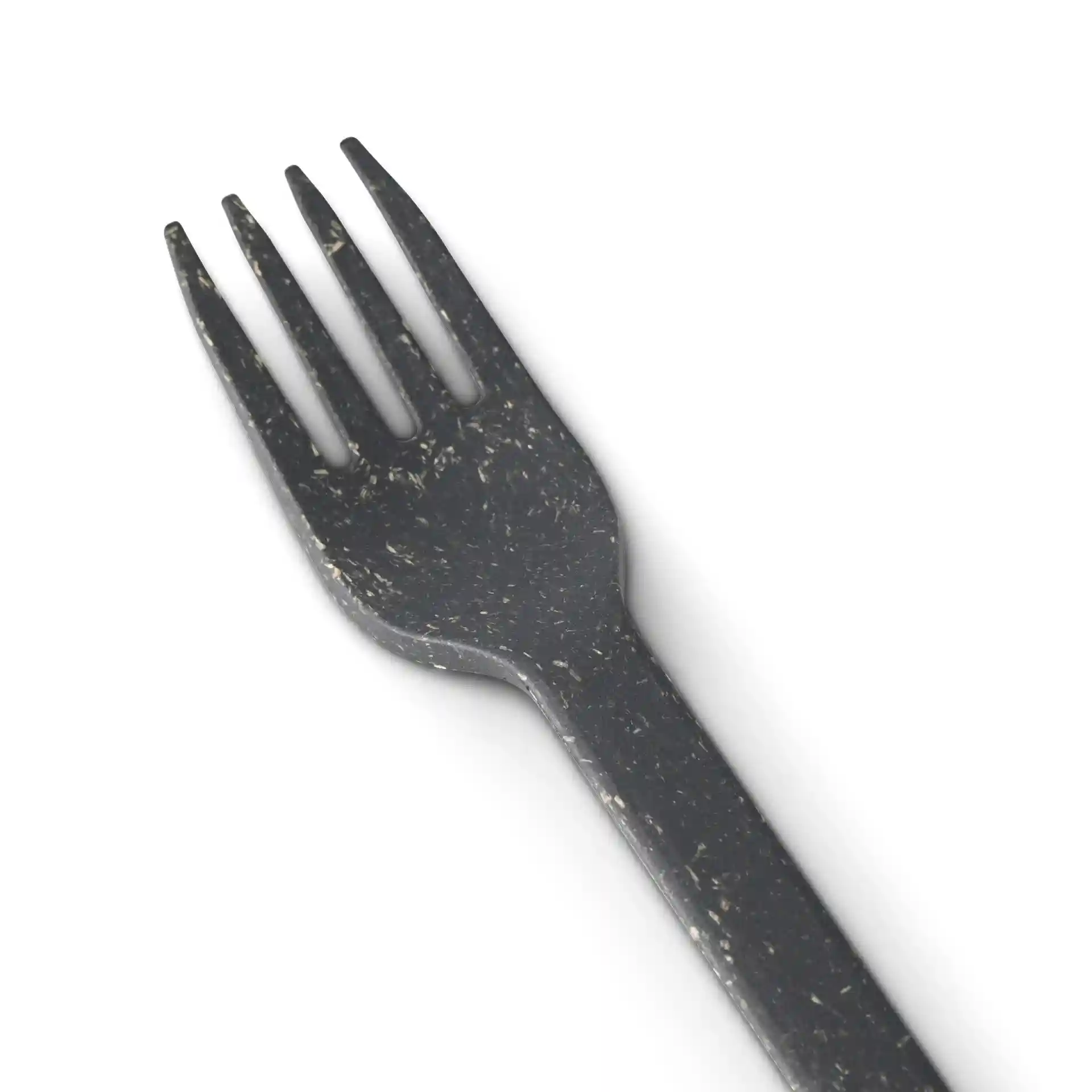 Schwarze wiederverwendbare Gabel aus Biokomposit, 18 cm lang, mit vier Zinken und glattem Griff.