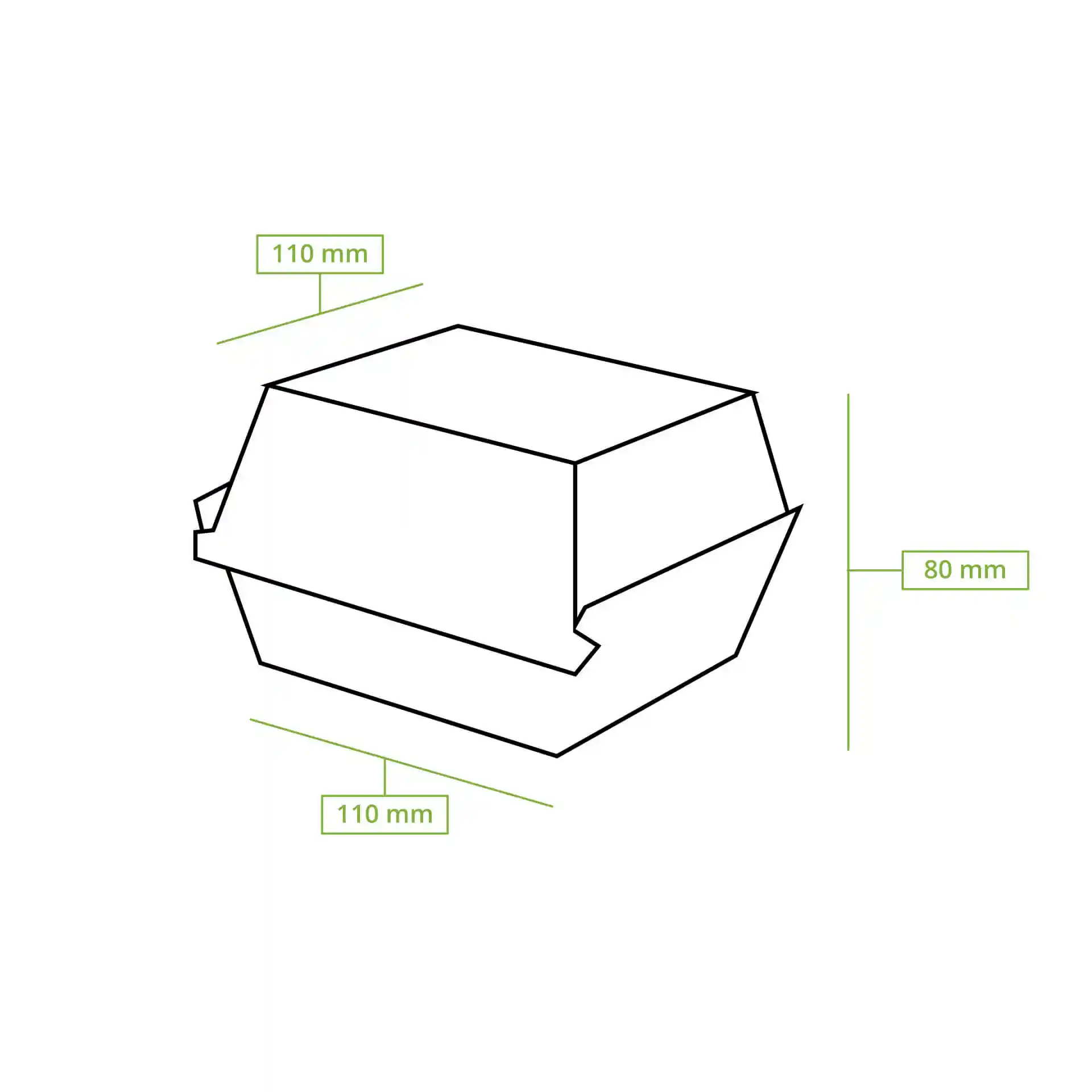 Schematische Zeichnung einer rechteckigen Takeaway-Burgerbox mit den Abmessungen 110 mm x 110 mm x 80 mm.