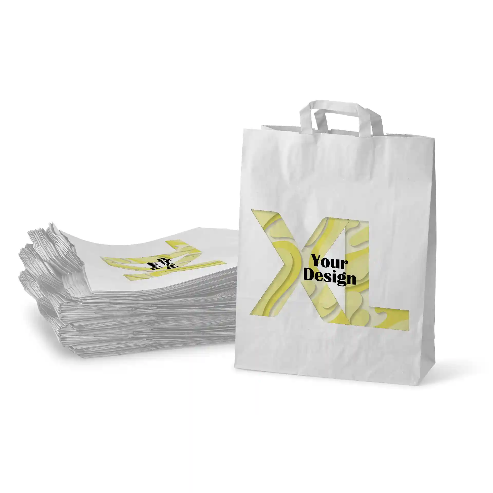 Weiße Tragetasche in rechteckiger Form mit gelben Akzenten und dem Text "Dein Design".