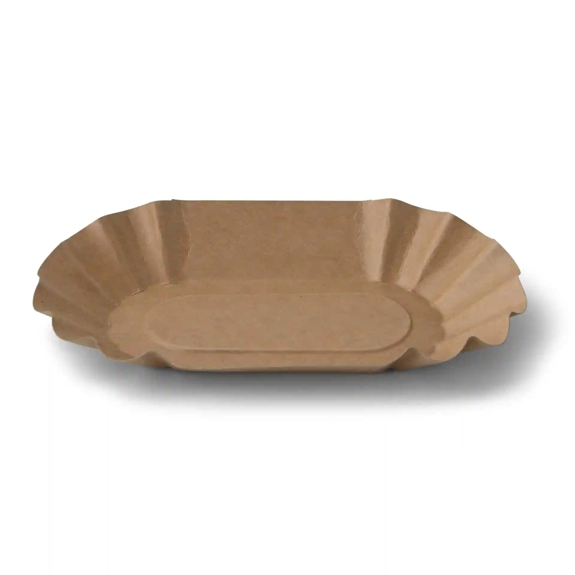 Braunes ovales Papiertablett aus Karton, 19,5 x 11 x 3 cm, mit tiefem Design und ohne Beschichtung.