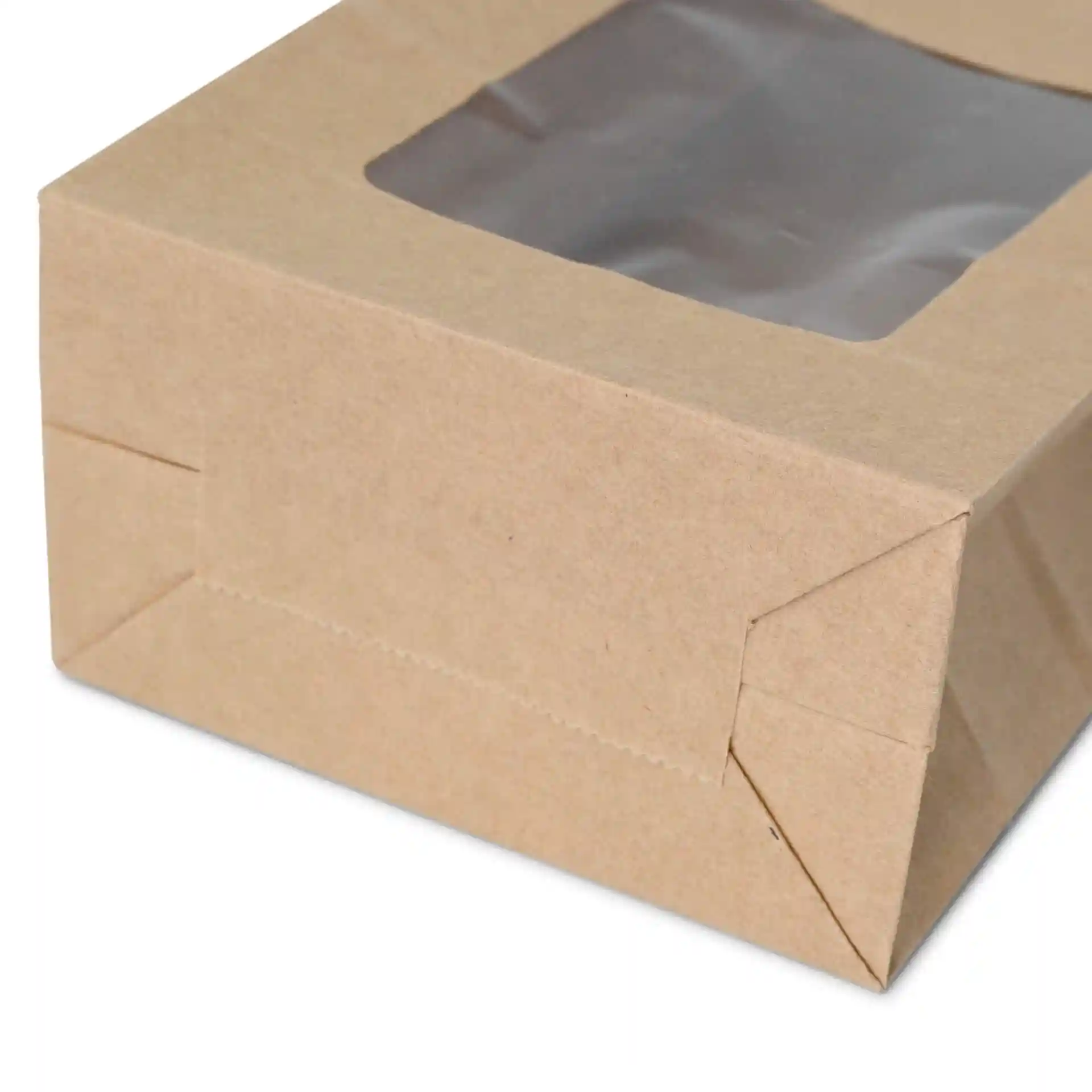 Braune Kraftpapierbox mit transparentem PLA-Fenster und Blockboden-Design.