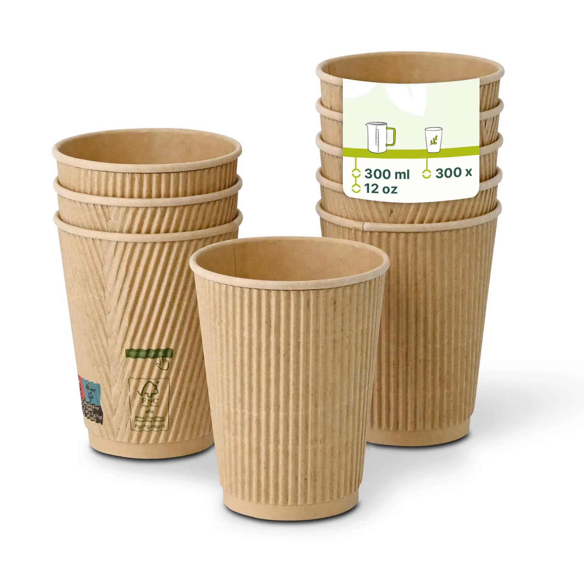 One brown triple-walled ripple coffee cup in focus; multiple similar cups with reduced opacity in the background.