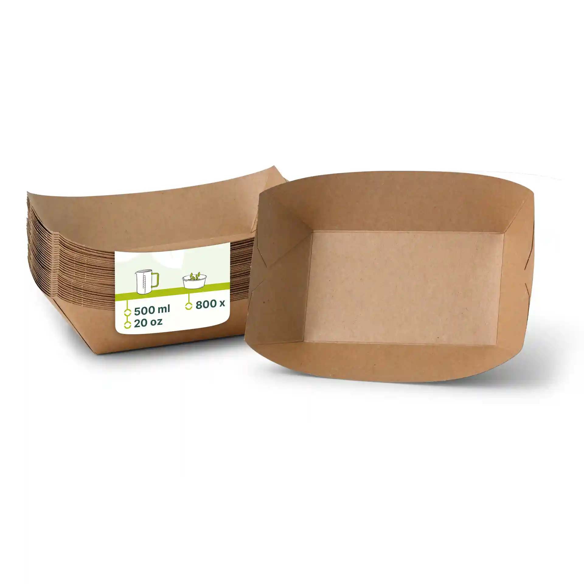 Brown rectangular cardboard food tray with a label showing capacity of 500 ml and a stack of multiple trays behind.