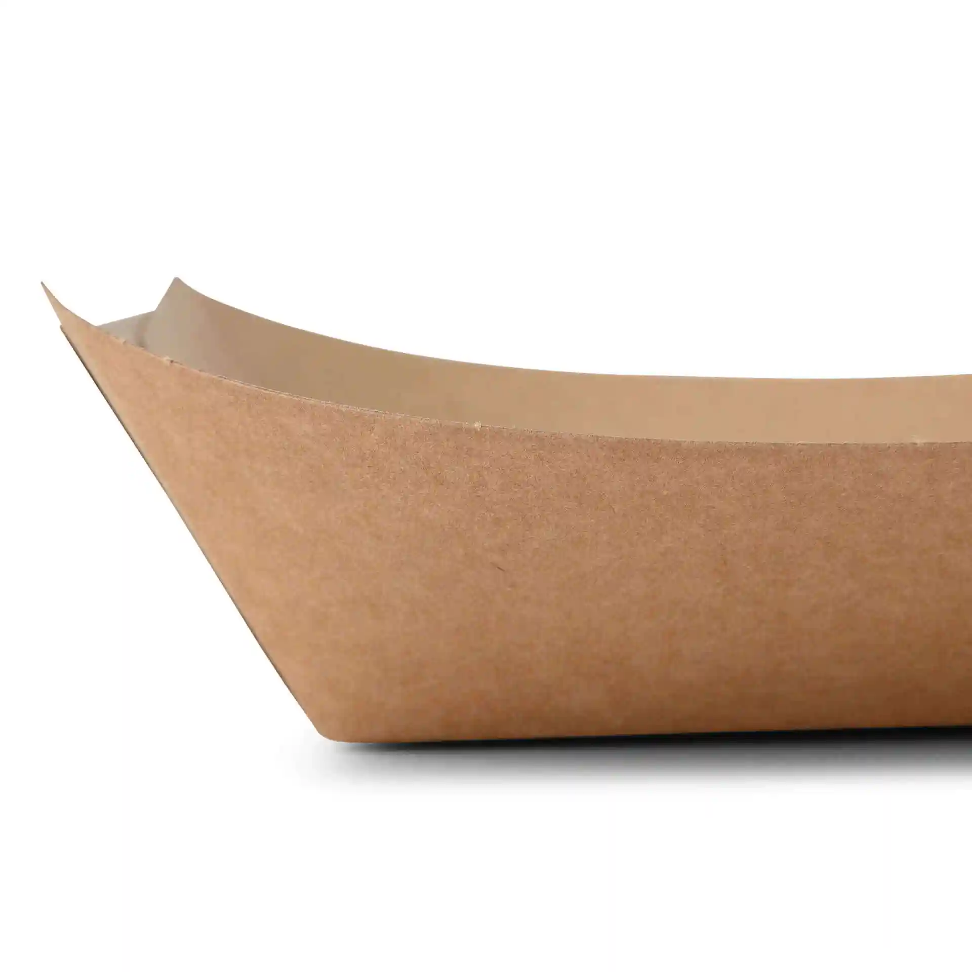 Brown rectangular cardboard food tray with a bio-coated interior, showing a side view.