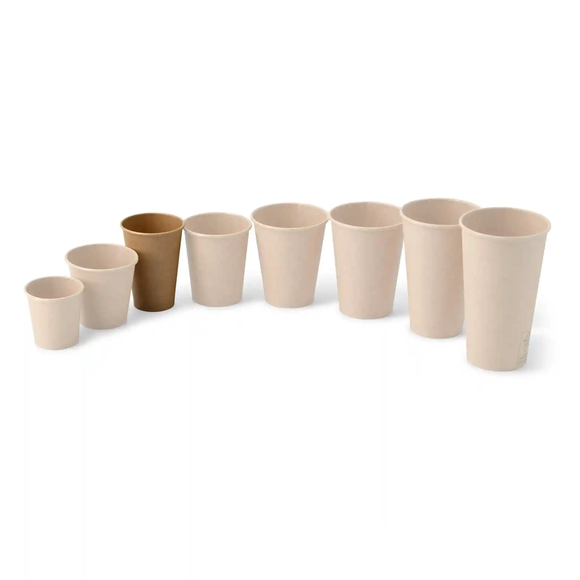Image of several paper cups in varying sizes, including a brown cup, arranged in a row on a plain background.
