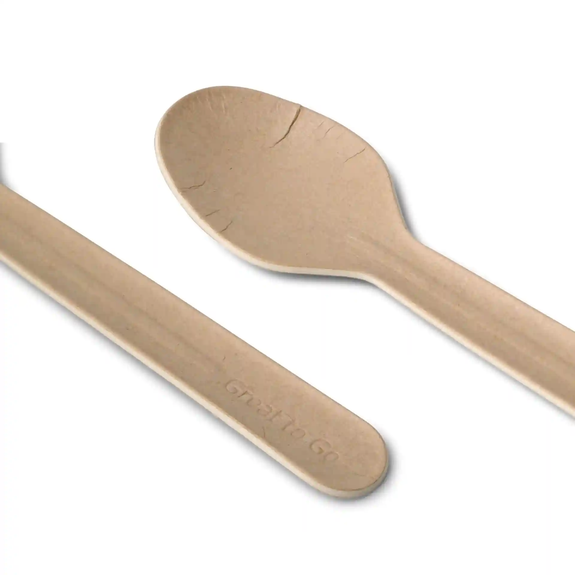 Brown paper teaspoon measuring 11.5 cm, with a smooth surface and a slight crack on the spoon's edge.