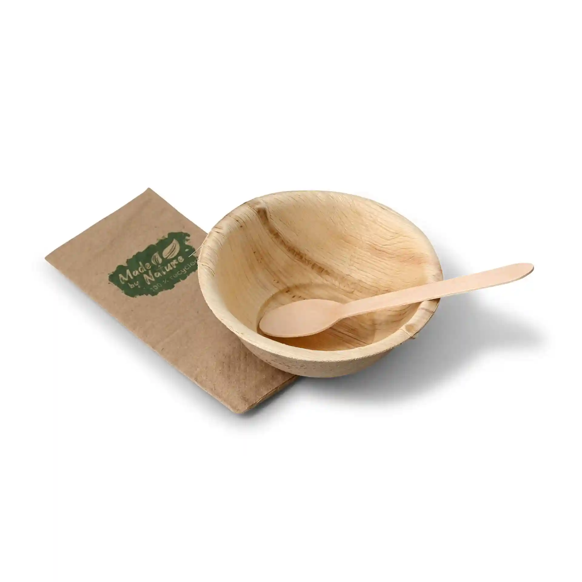 Runde Palmblatt-Schüssel mit einem Holzlöffel und einer Kraftpapierhülle. Schüssel hat eine Maserung und fasst 275 ml.