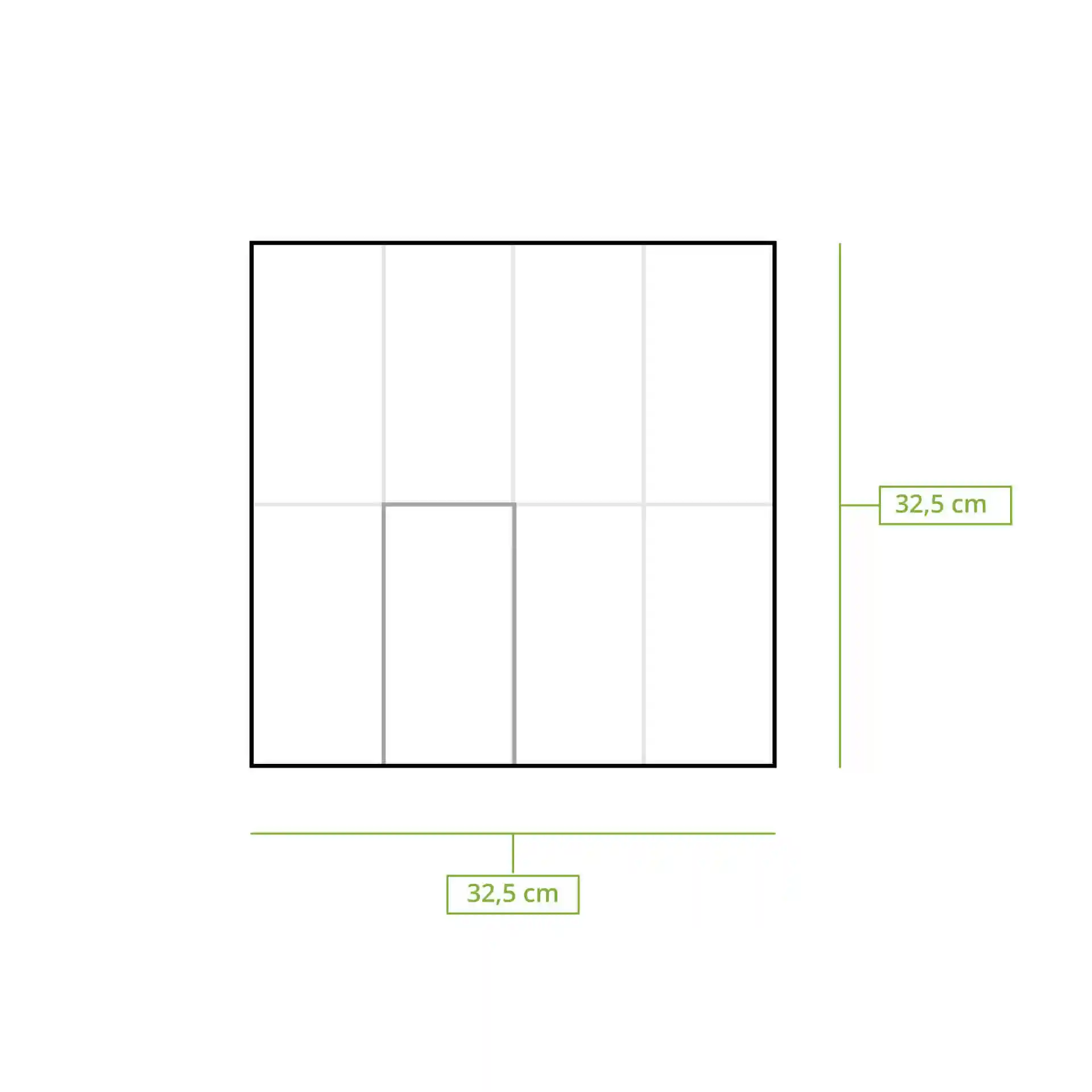 Schematische Zeichnung einer quadratischen Serviette mit Maßlinien, die 32,5 cm auf jeder Seite anzeigen.