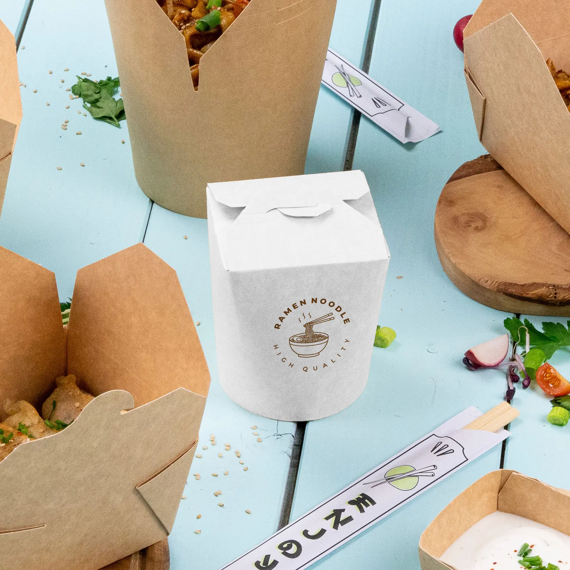 Printed noodle box, 400 ml, white, PLA-coated