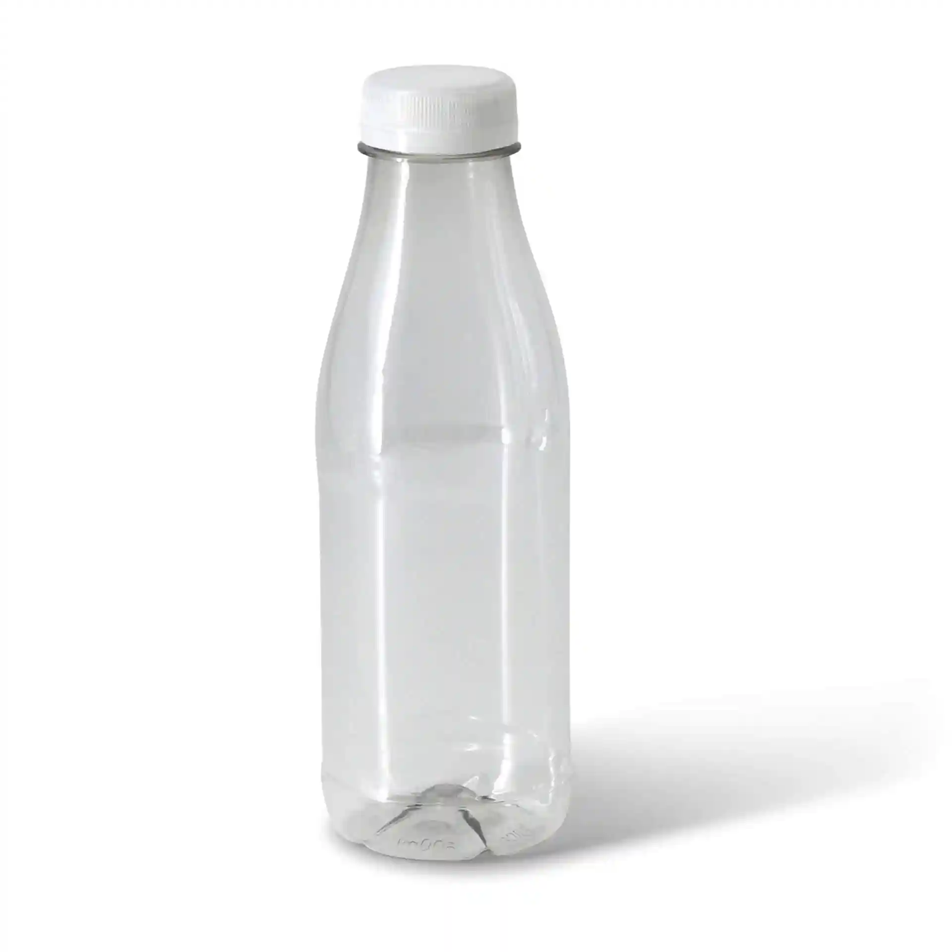 Klare rPET-Flasche mit weißem Deckel, 500 ml Fassungsvermögen, 199 mm Höhe und 65 mm Bodendurchmesser.