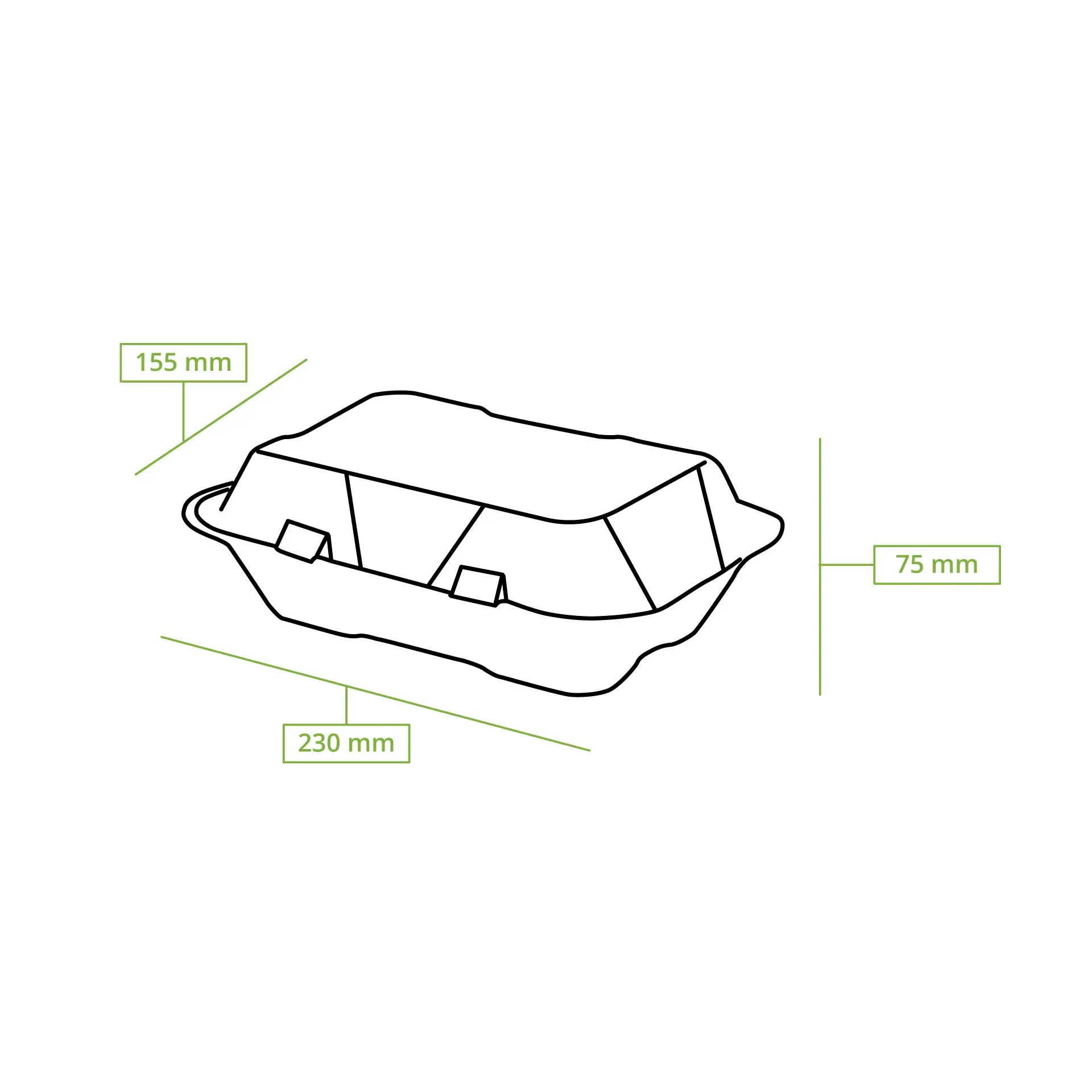 Take-away Boxen aus Zuckerrohr 23 x 15,5 x 7,5 cm, rechteckig Take-away Boxen aus Zuckerrohr 23 x 15,5 x 7,5 cm, rechteckig
