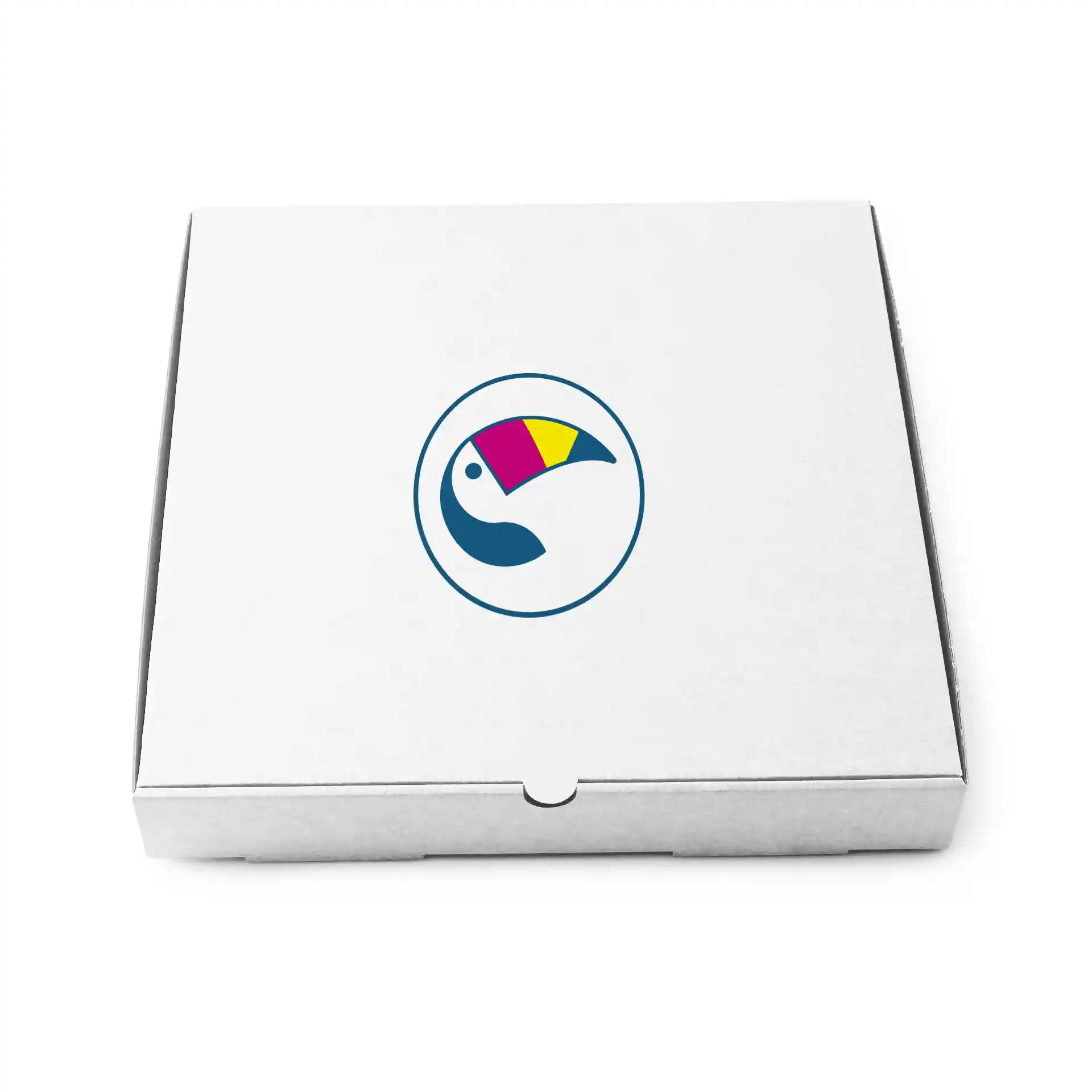 White pizza box with a circular logo featuring a colorful toucan design on the top.